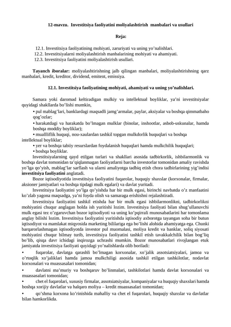 Investitsiya faoliyatini moliyalashtirish manbalari va usullari 1