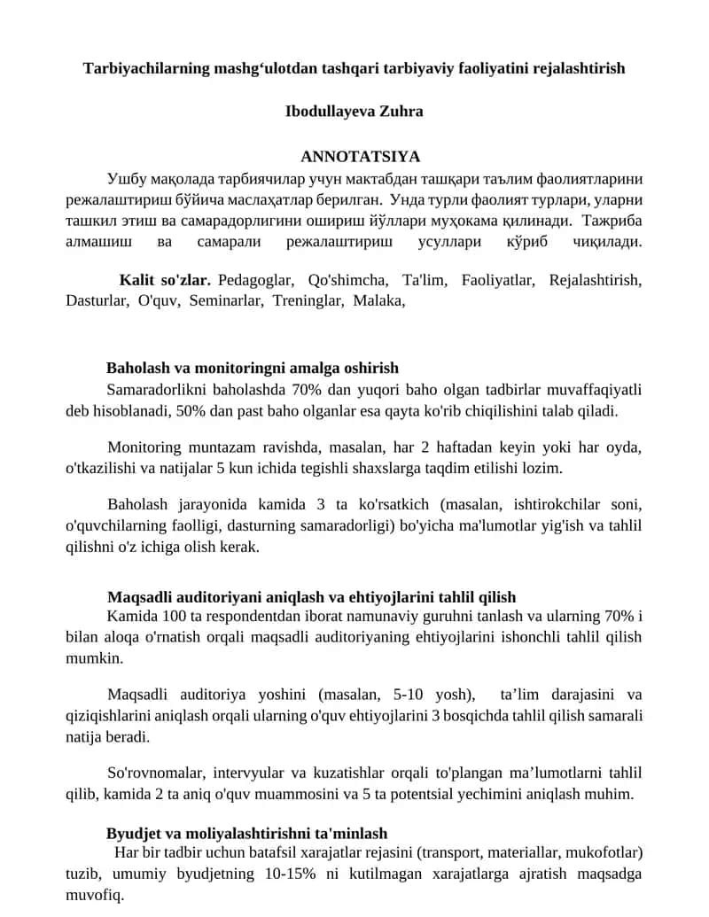 Tarbiyachilarning mashgʻulotdan tashqari tarbiyaviy faoliyatini rejalashtirish 1