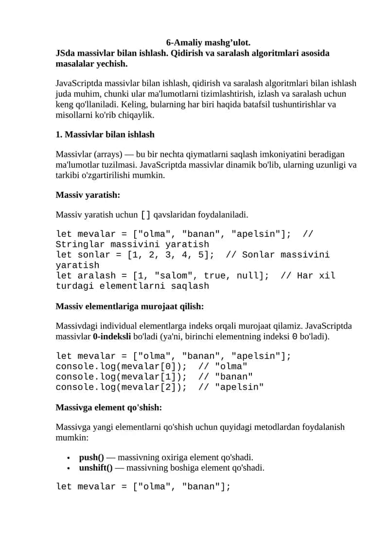 JavaScriptda massivlar bilan ishlash 1
