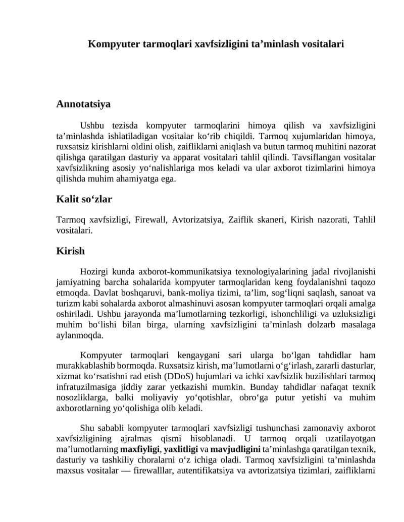 Kompyuter tarmoqlari xavfsizligini taʼminlash vositalari 1