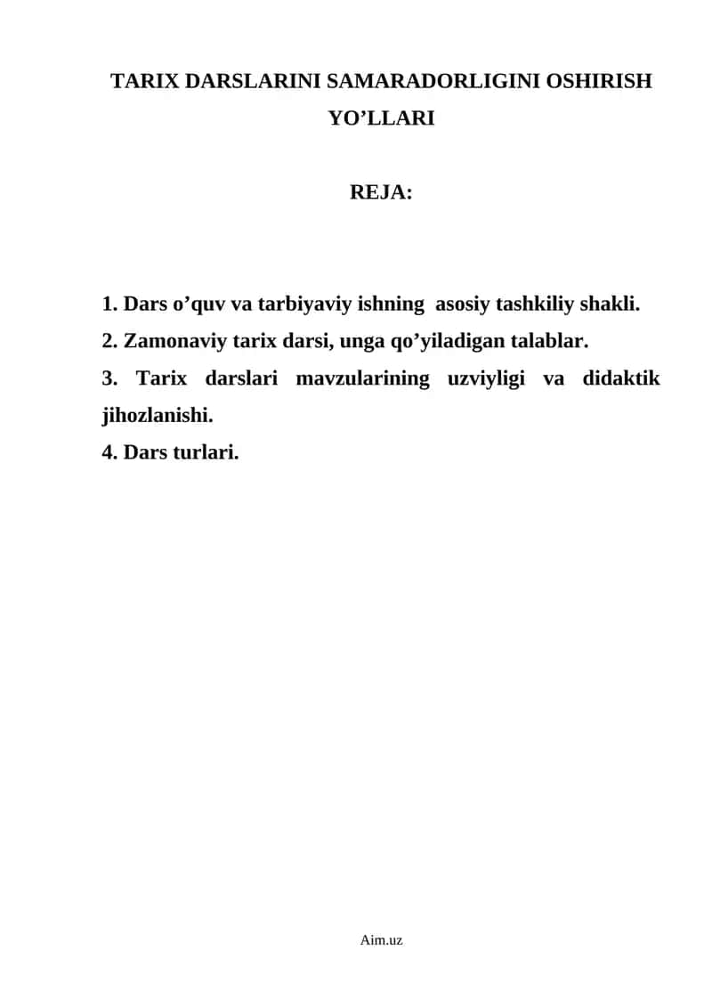 TARIX DARSLARINI SAMARADORLIGINI OSHIRISH YO’LLARI 1