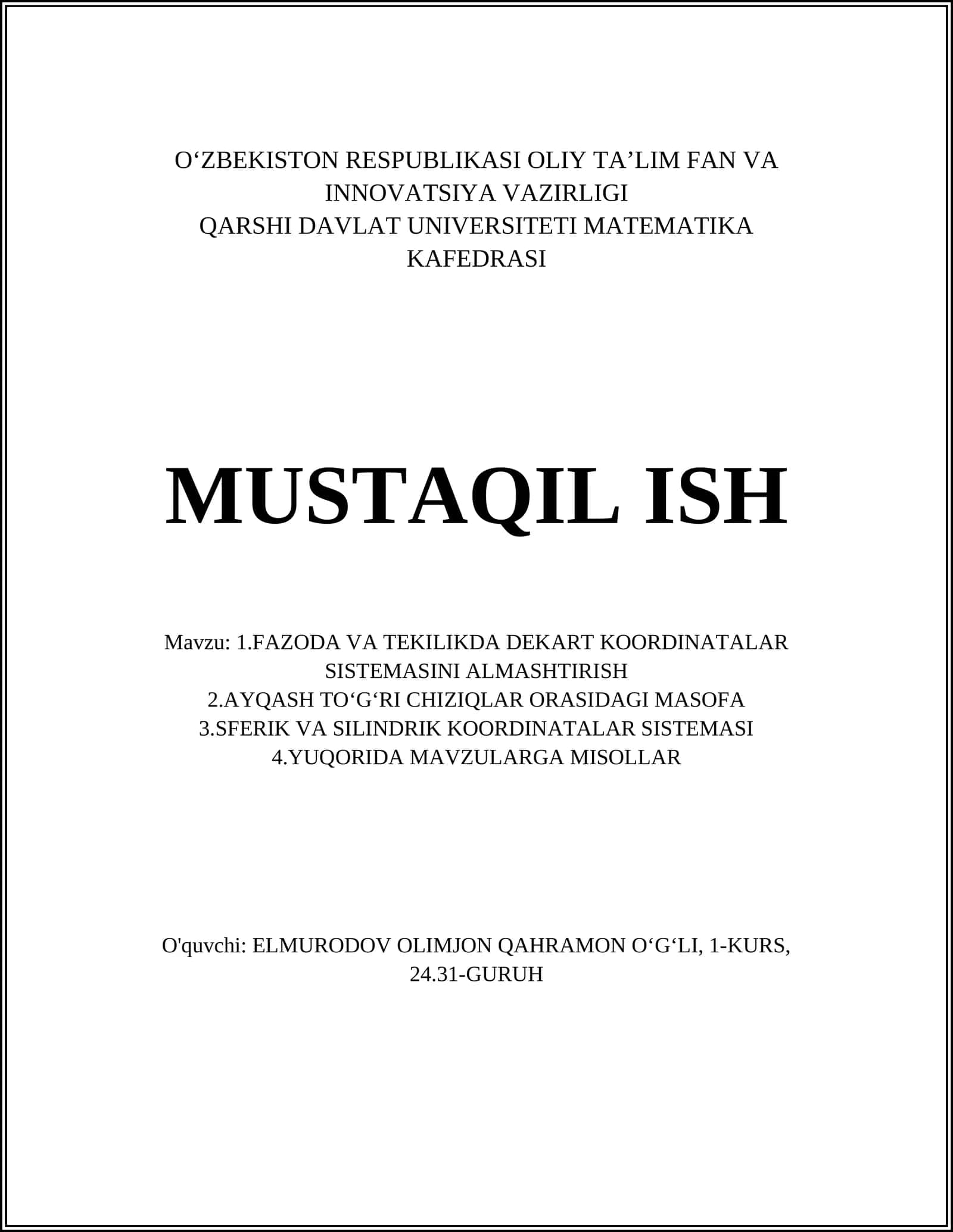 FAZODA VA TEKILIKDA DEKART KOORDINATALAR SISTEMASINI ALMASHTIRISH 1