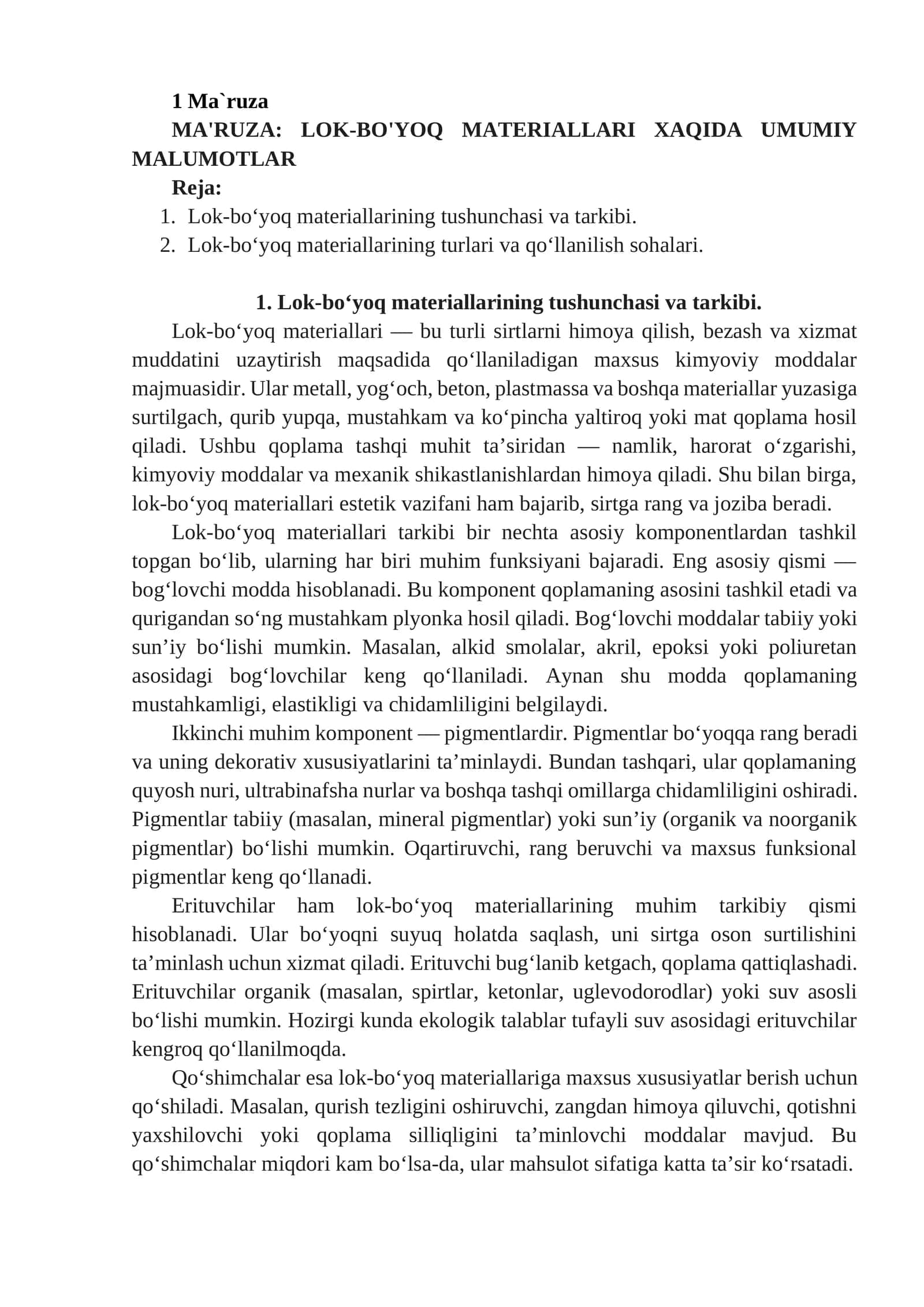 LOK-BO'YOQ MATERIALLARI XAQIDA UMUMIY MALUMOTLAR 1