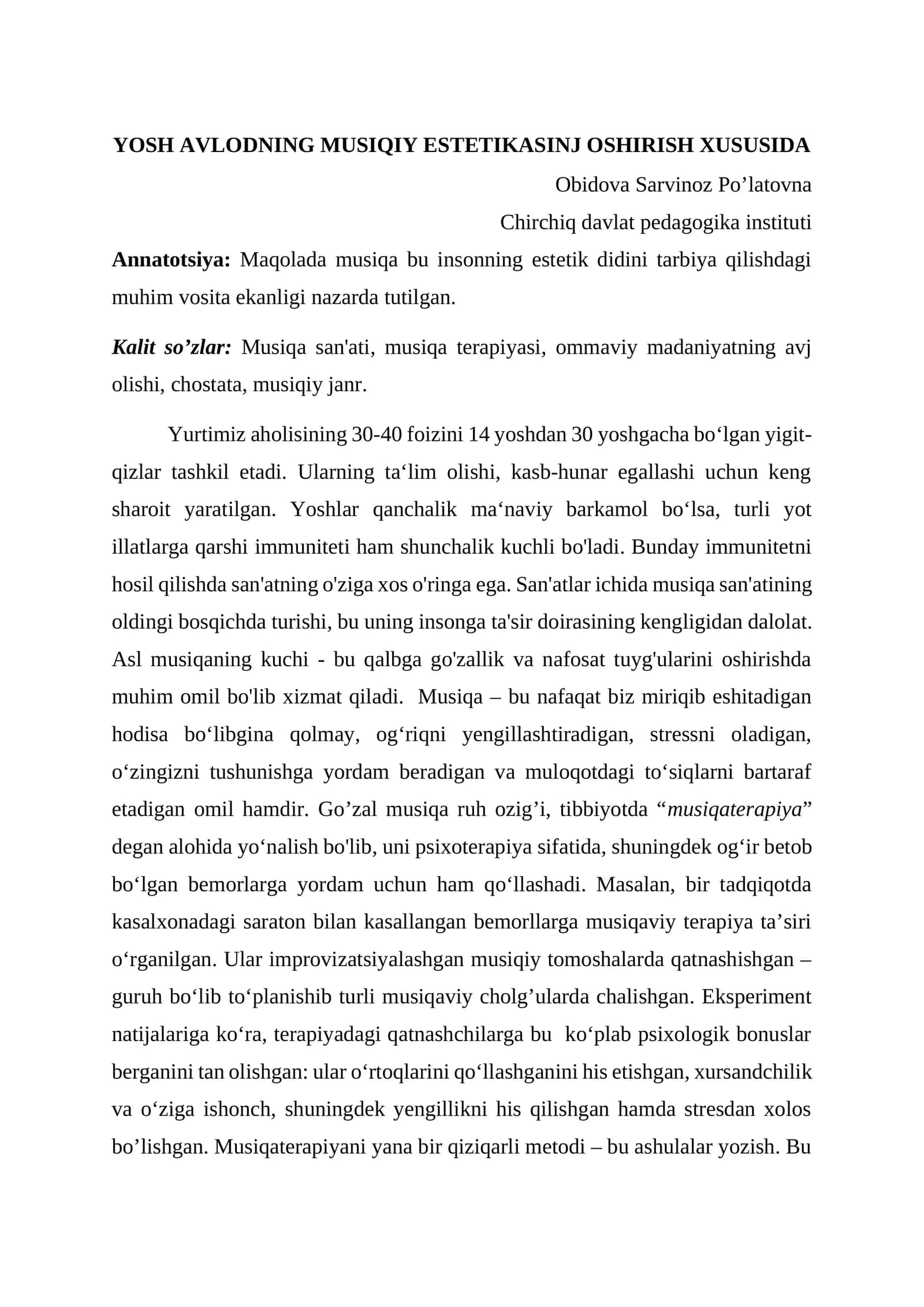 YOSH AVLODNING MUSIQIY ESTETIKASINJ OSHIRISH XUSUSIDA 1