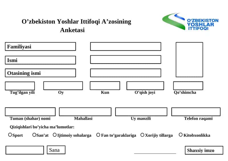 O’zbekiston Yoshlar Ittifoqi A’zosining Anketasi 1