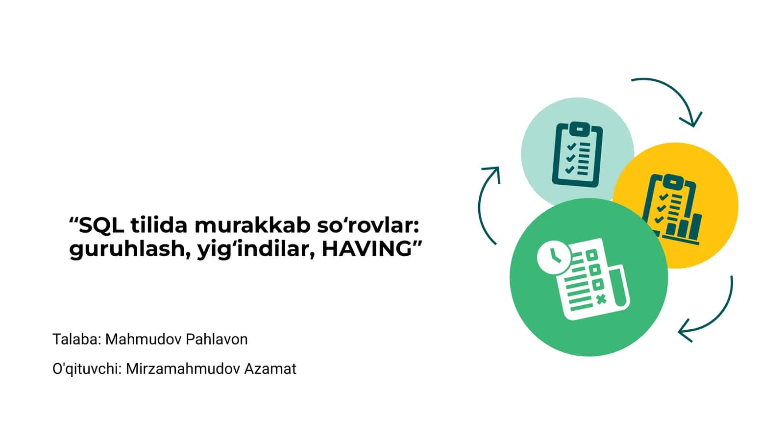 SQL tilida murakkab so‘rovlar: guruhlash, yig‘indilar, HAVING 1
