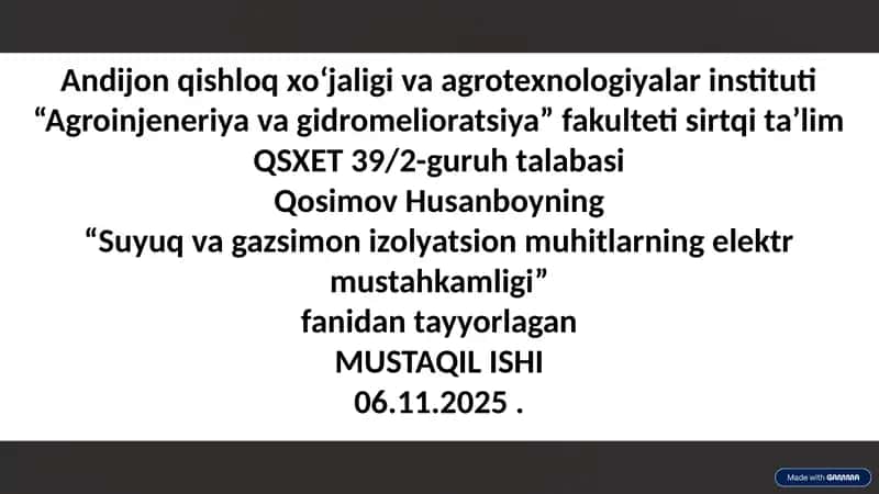 Suyuq va gazsimon izolyatsion muhitlarning elektr mustahkamligi 1