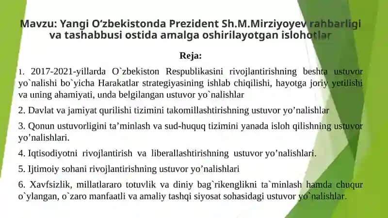 Yangi O‘zbekistonda Prezident Sh.M.Mirziyoyev rahbarligi vatashabbusi ostida amalga oshirilayotgan islohotlar