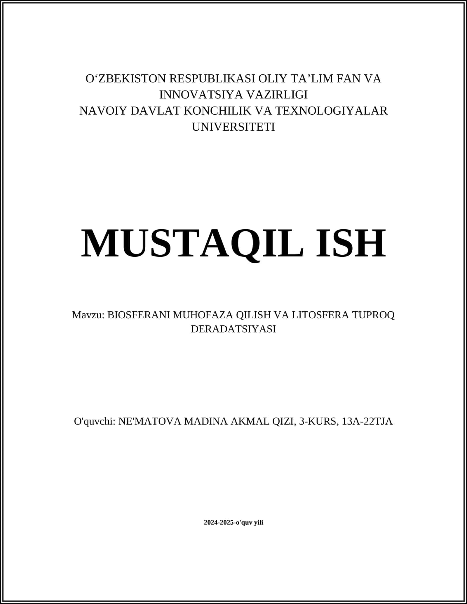 BIOSFERANI MUHOFAZA QILISH VA LITOSFERA TUPROQ DERADATSIYASI 1