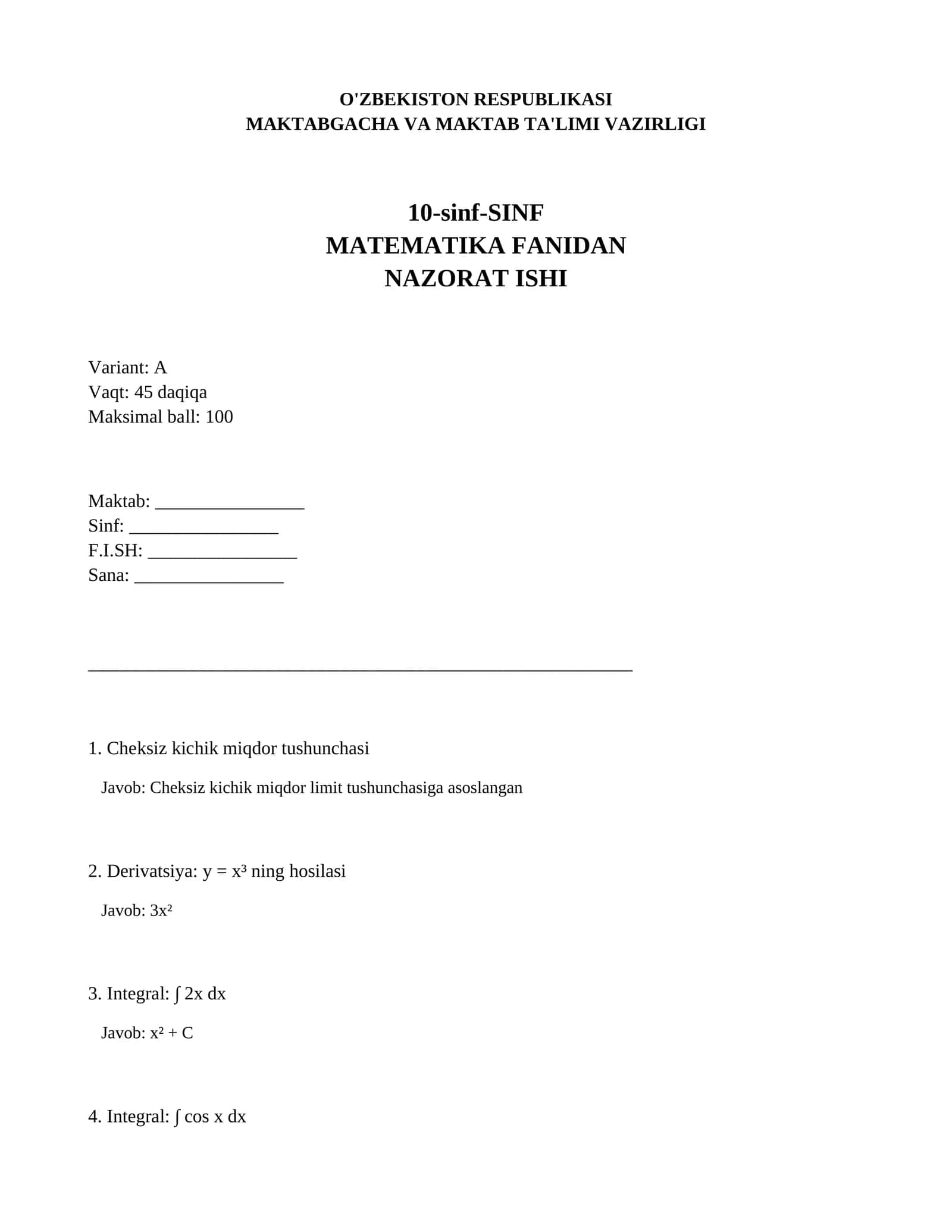 10-sinf-SINF Matematika fanidan nazorat ishi 1