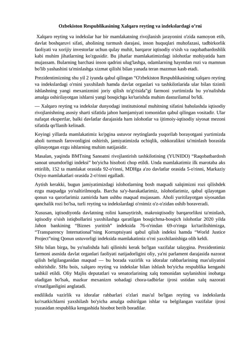 O'zbekiston Respublikasining Хalqaro reyting va indekslardagi o’rni 1