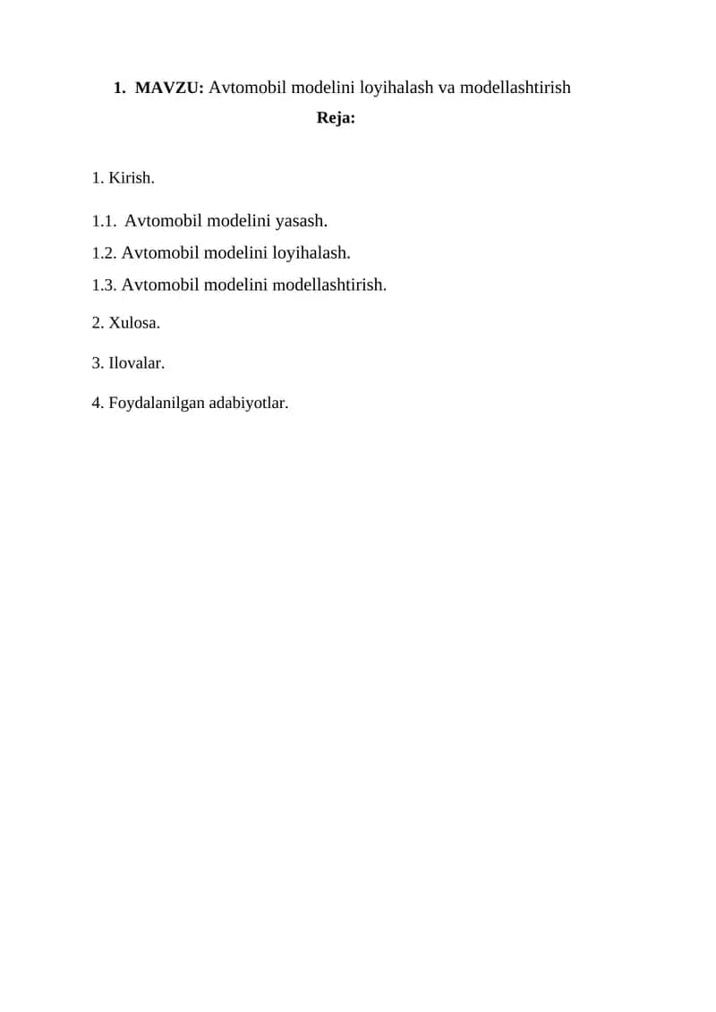 Avtomobil modelini loyihalash va modellashtirish 1