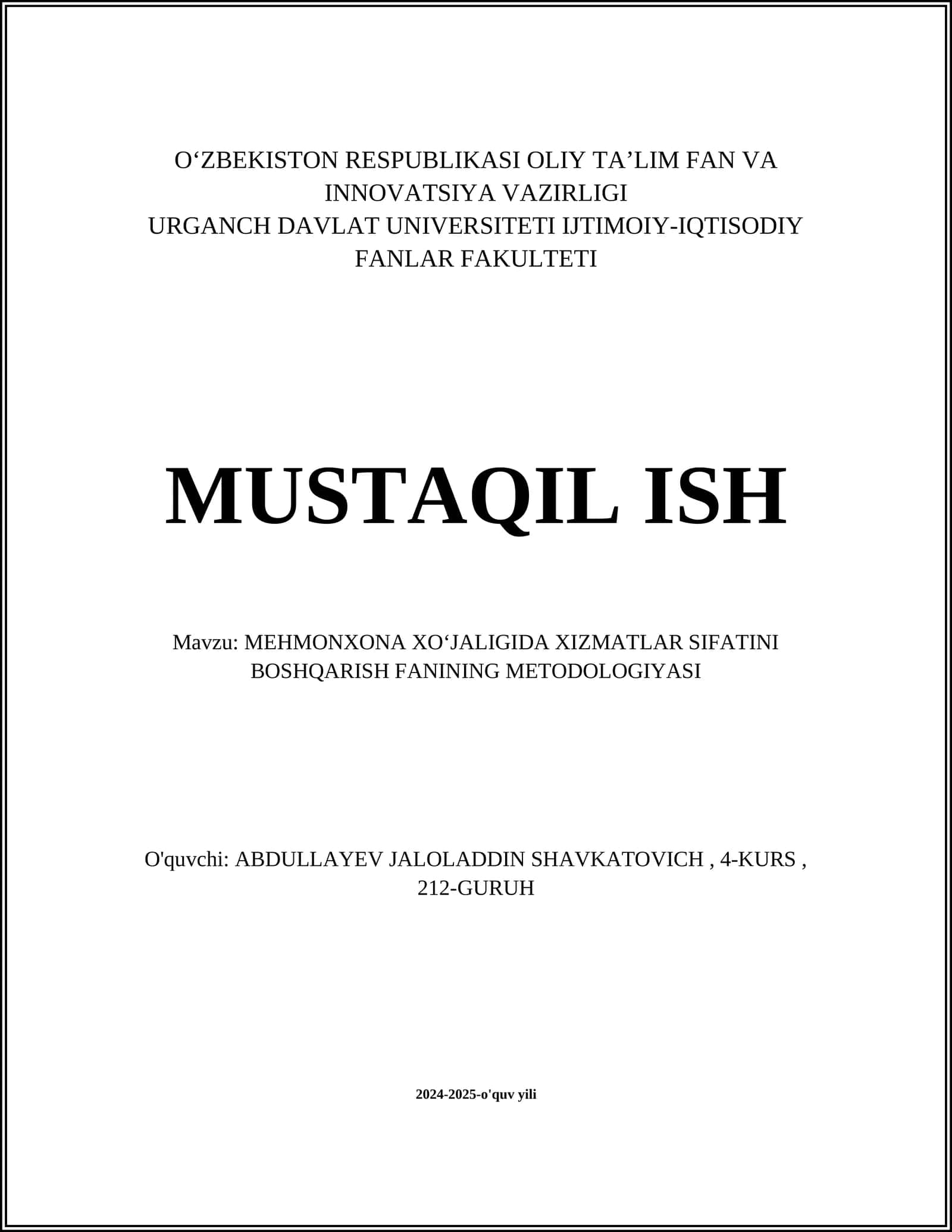 MEHMONXONA XOʻJALIGIDA XIZMATLAR SIFATINI BOSHQARISH FANINING METODOLOGIYASI 1
