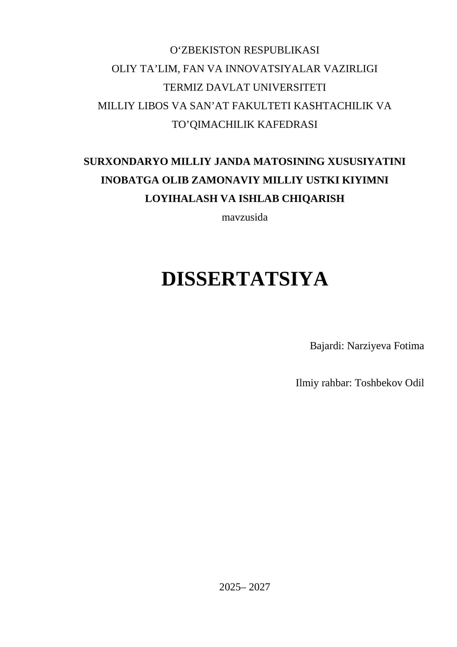 Surxondaryo milliy janda matosining xususiyatlarini inobatga olib, zamonaviy milliy ustki kiyimlar loyihalash va ishlab chiqish 1