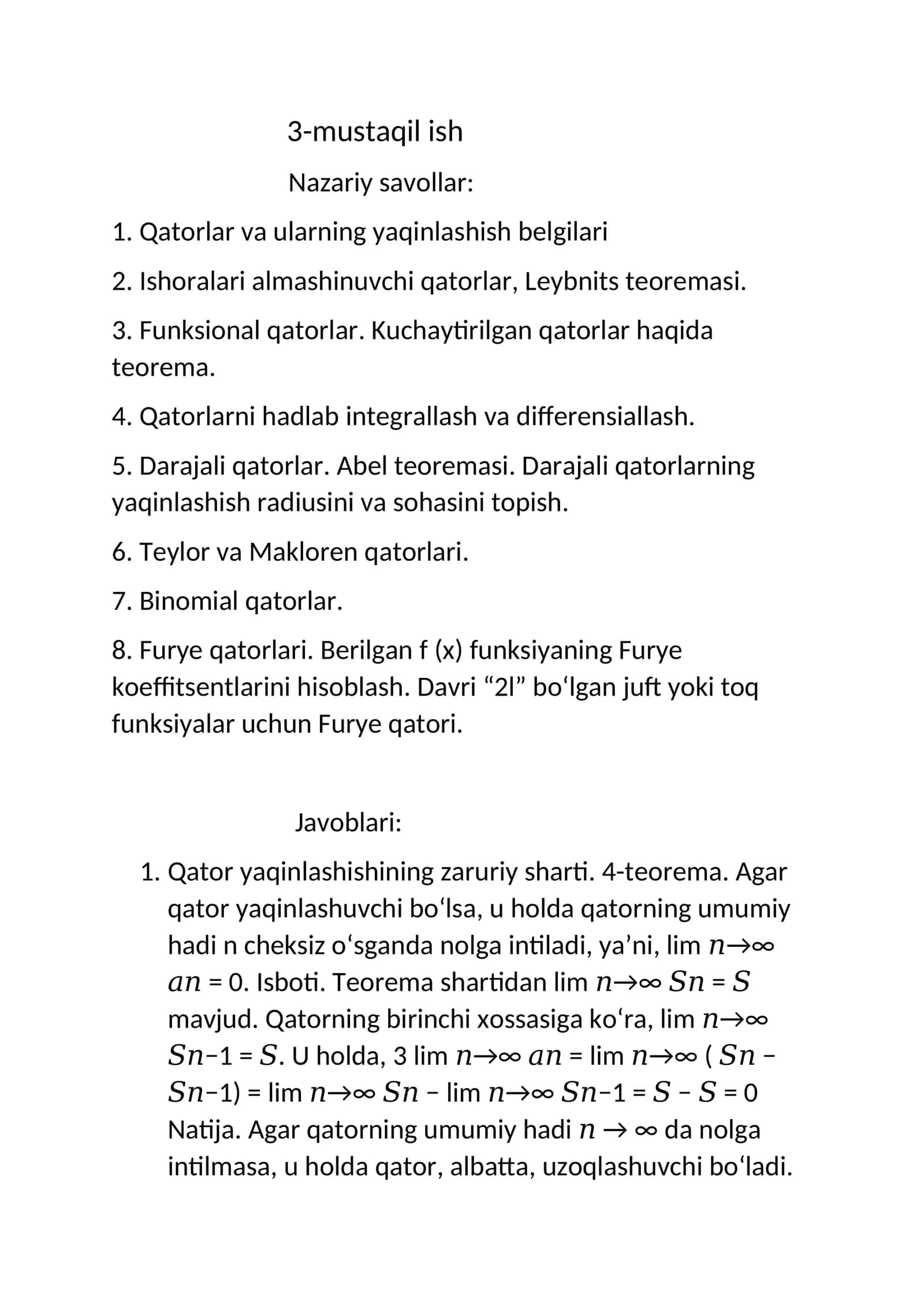 Qatorlar va ularning yaqinlashish belgilari 1