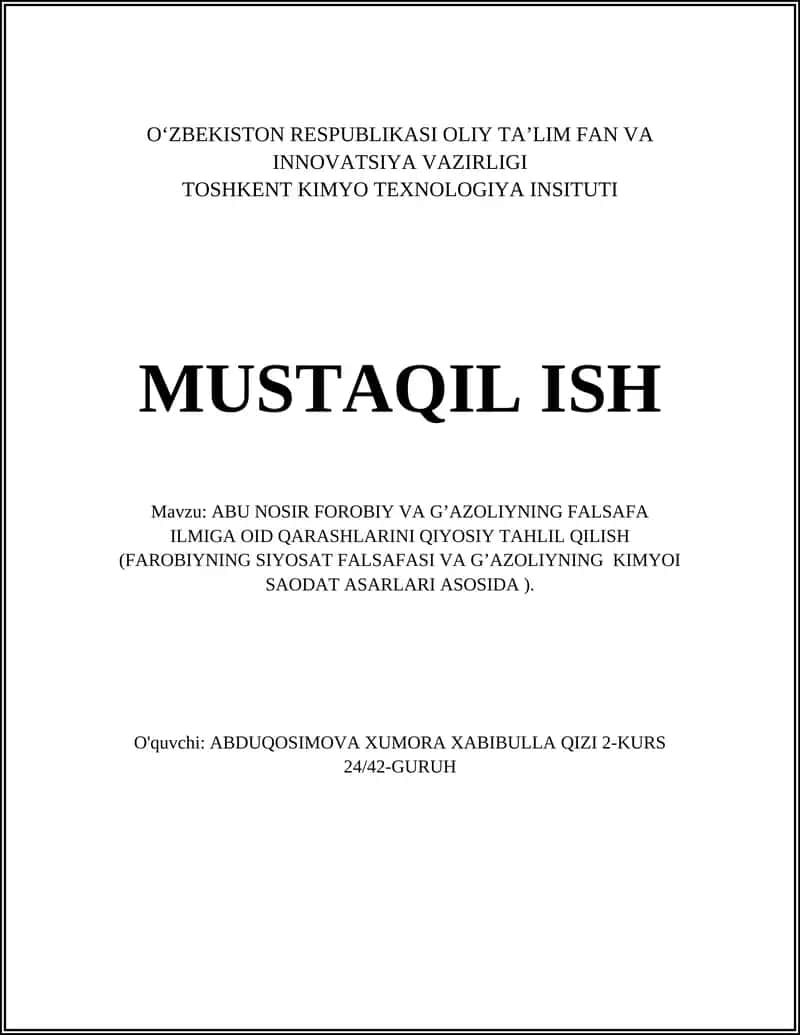 ABU NOSIR FOROBIY VA G’AZOLIYNING FALSAFA ILMIGA OID QARASHLARINI QIYOSIY TAHLIL QILISH 1