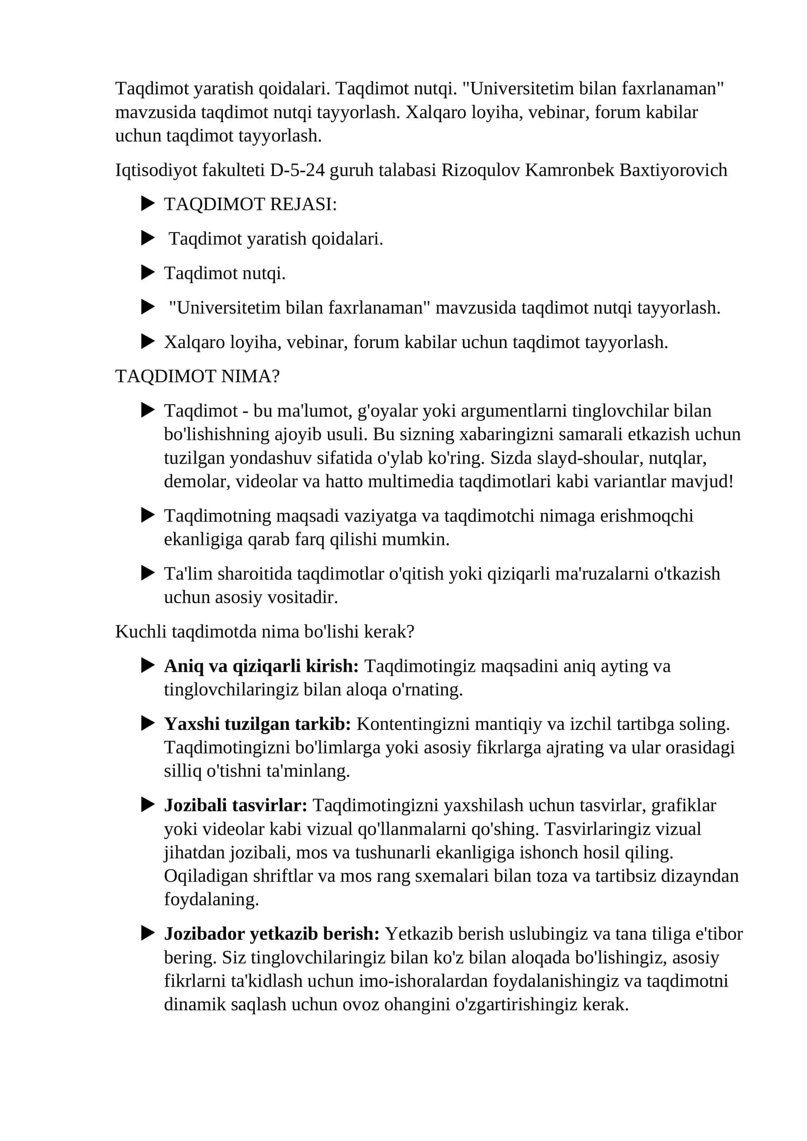 "Universitetim bilan faxrlanaman" mavzusida taqdimot nutqi tayyorlash 1