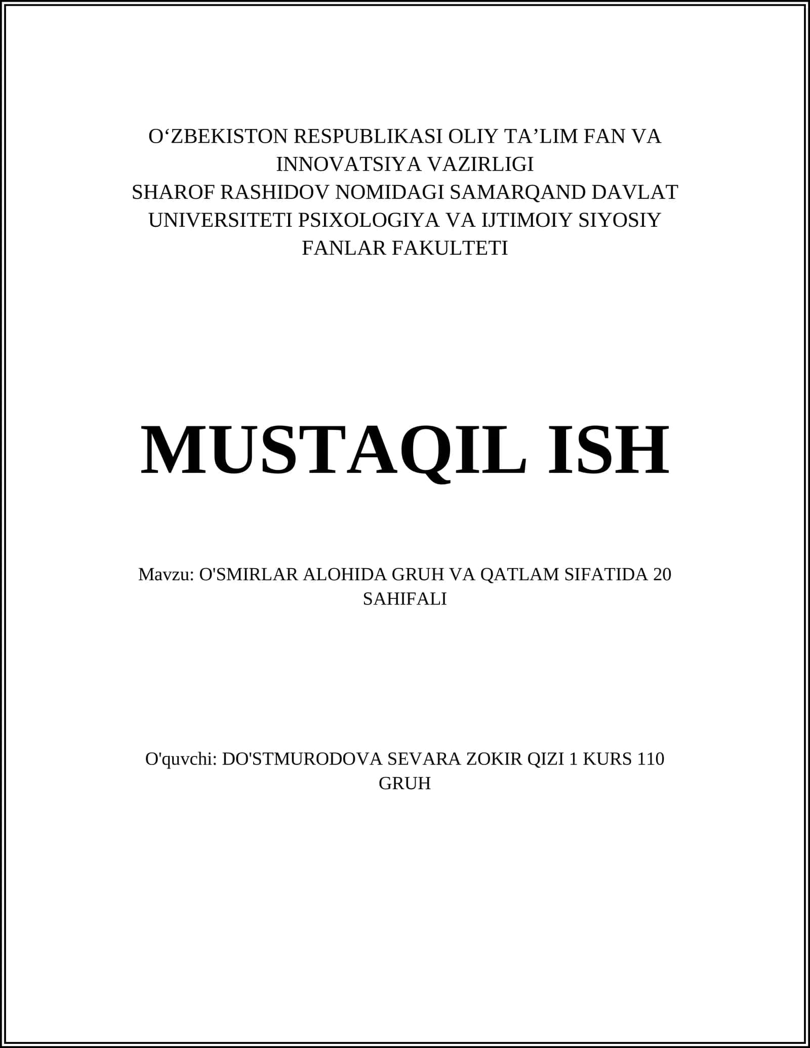 O'SMIRLAR ALOHIDA GRUH VA QATLAM SIFATIDA 20 SAHIFALI 1