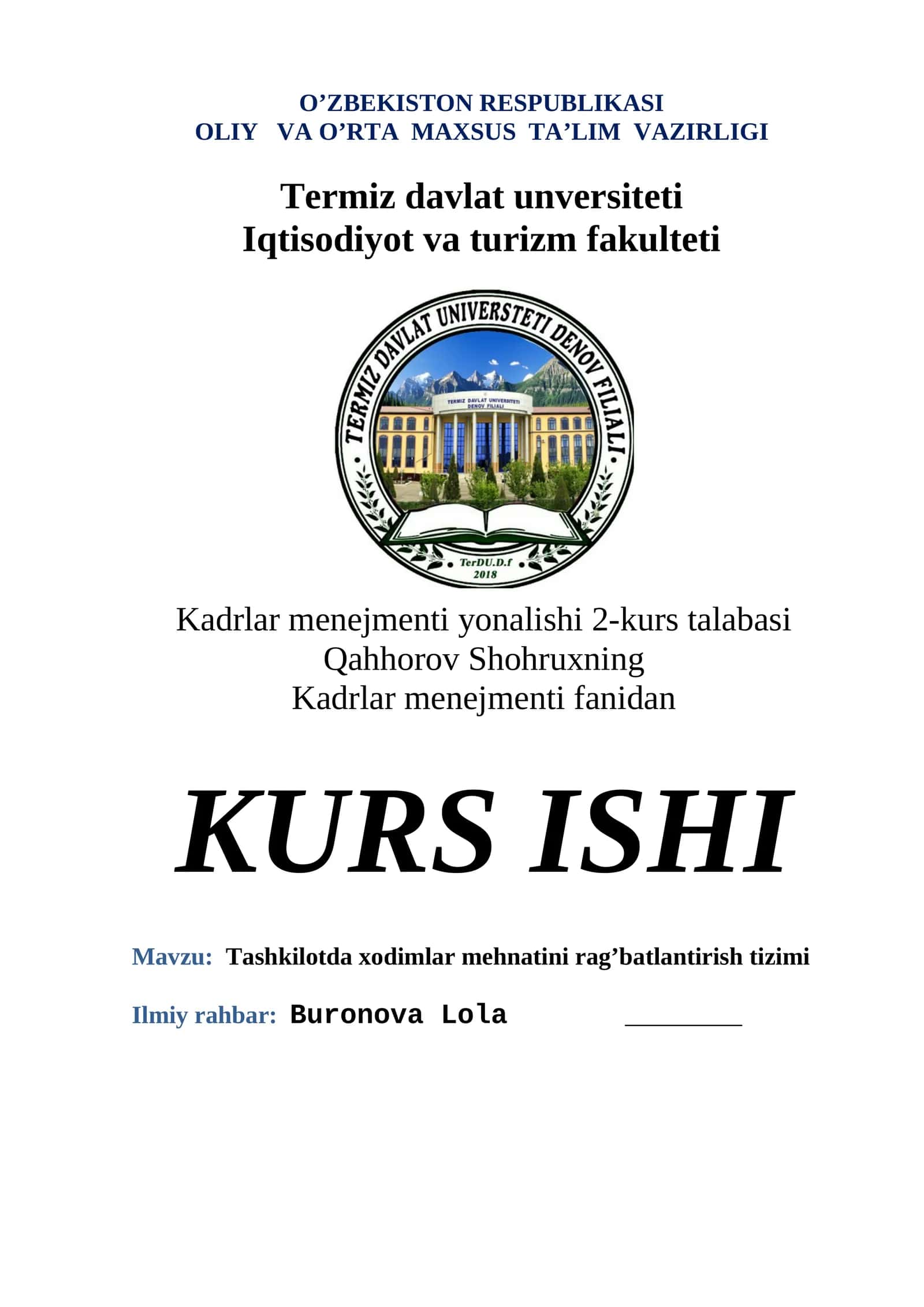 Kadrlar menejmenti yonalishi 2-kurs talabasi Qahhorov Shohruxning 1