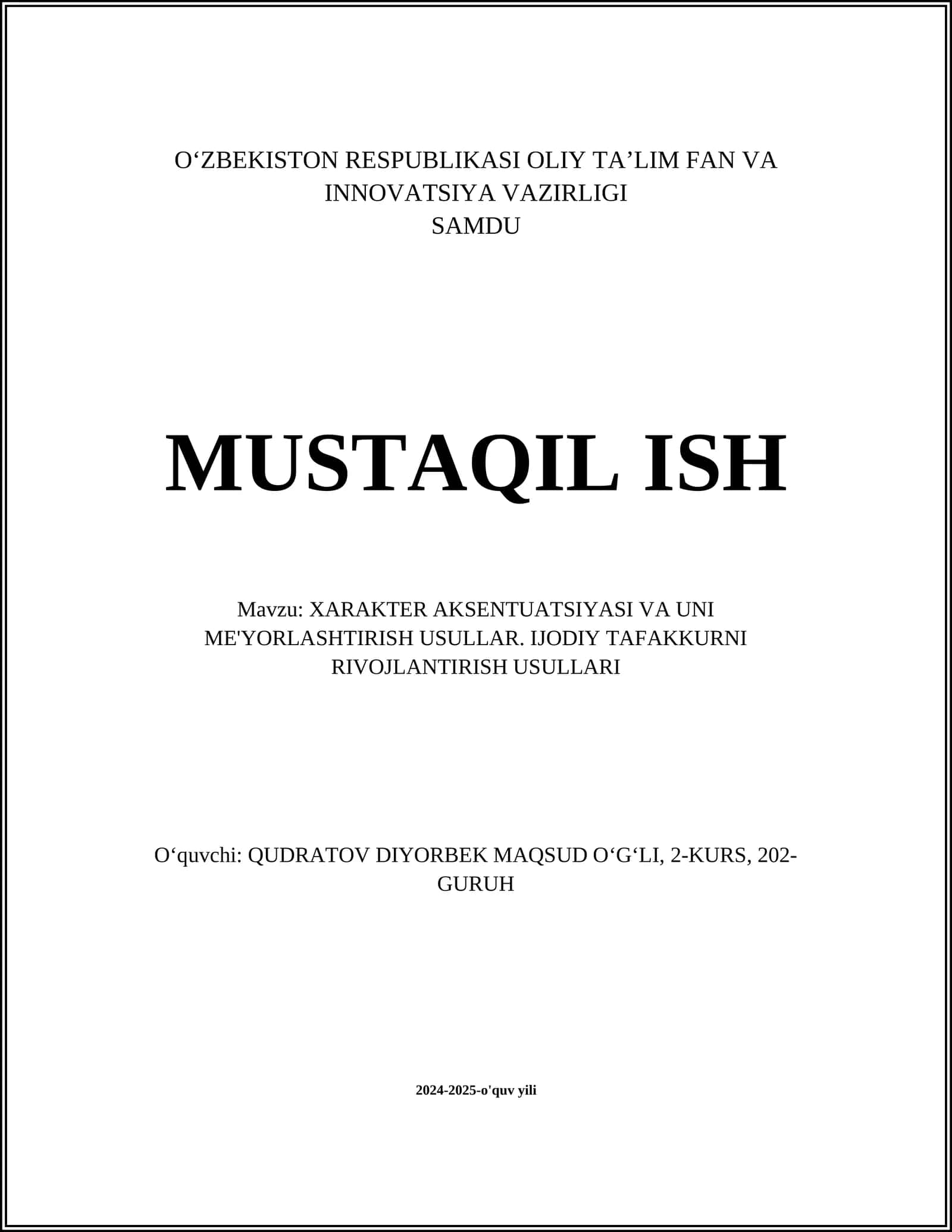 XARAKTER AKSENTUATSIYASI VA UNI ME'YORLASHTIRISH USULLAR 1