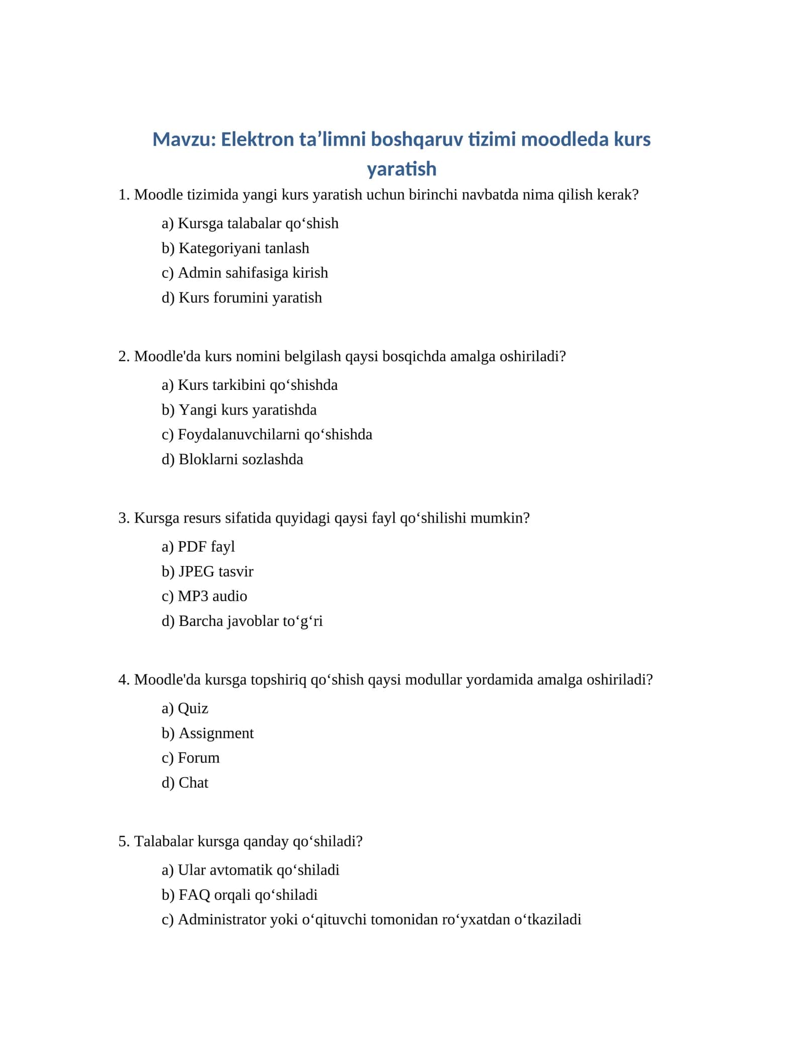 Elektron taʼlimni boshqaruv tizimi moodleda kurs yaratish 1