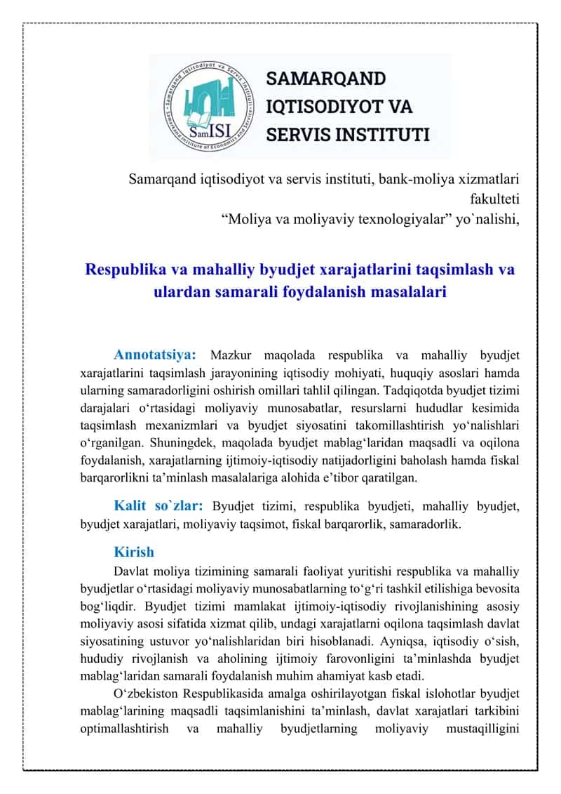 Respublika va mahalliy byudjet xarajatlarini taqsimlash va ulardan samarali foydalanish masalalari 1