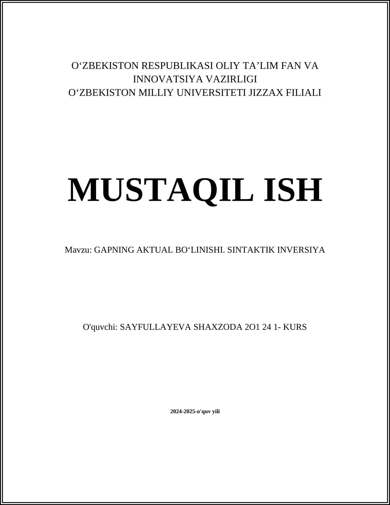 GAPNING AKTUAL BOʻLINISHI. SINTAKTIK INVERSIYA 1