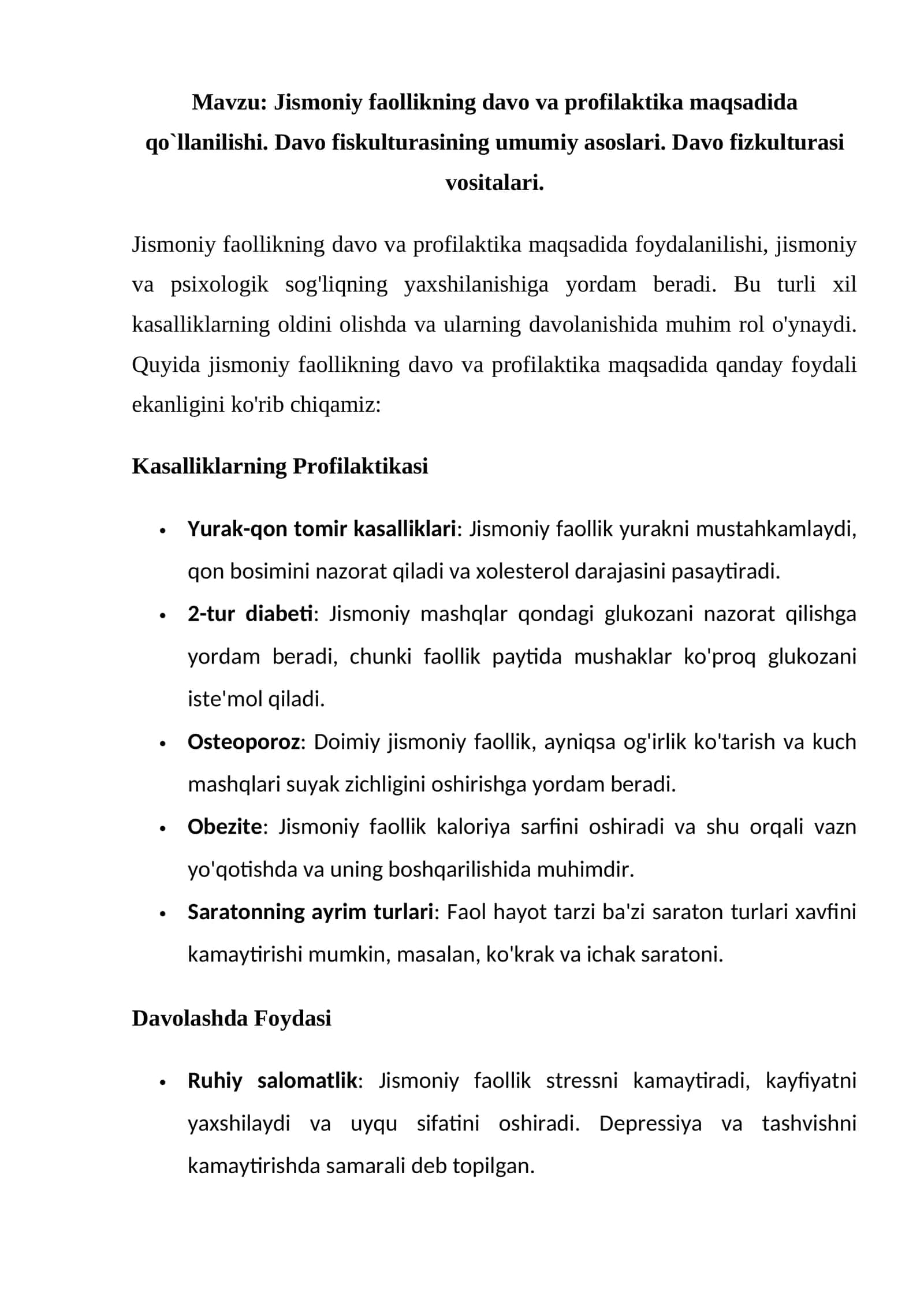 Jismoniy faollikning davo va profilaktika maqsadida qo`llanilishi 1