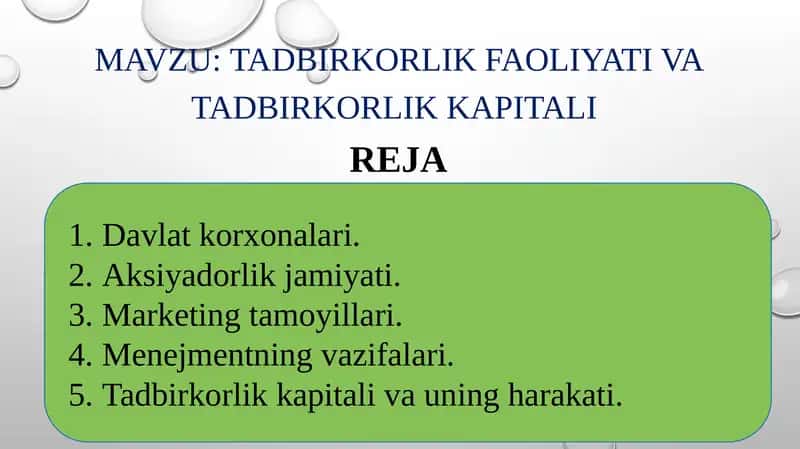 Tadbirkorlik faoliyati VA TADBIRKORLIK KAPITALI 1