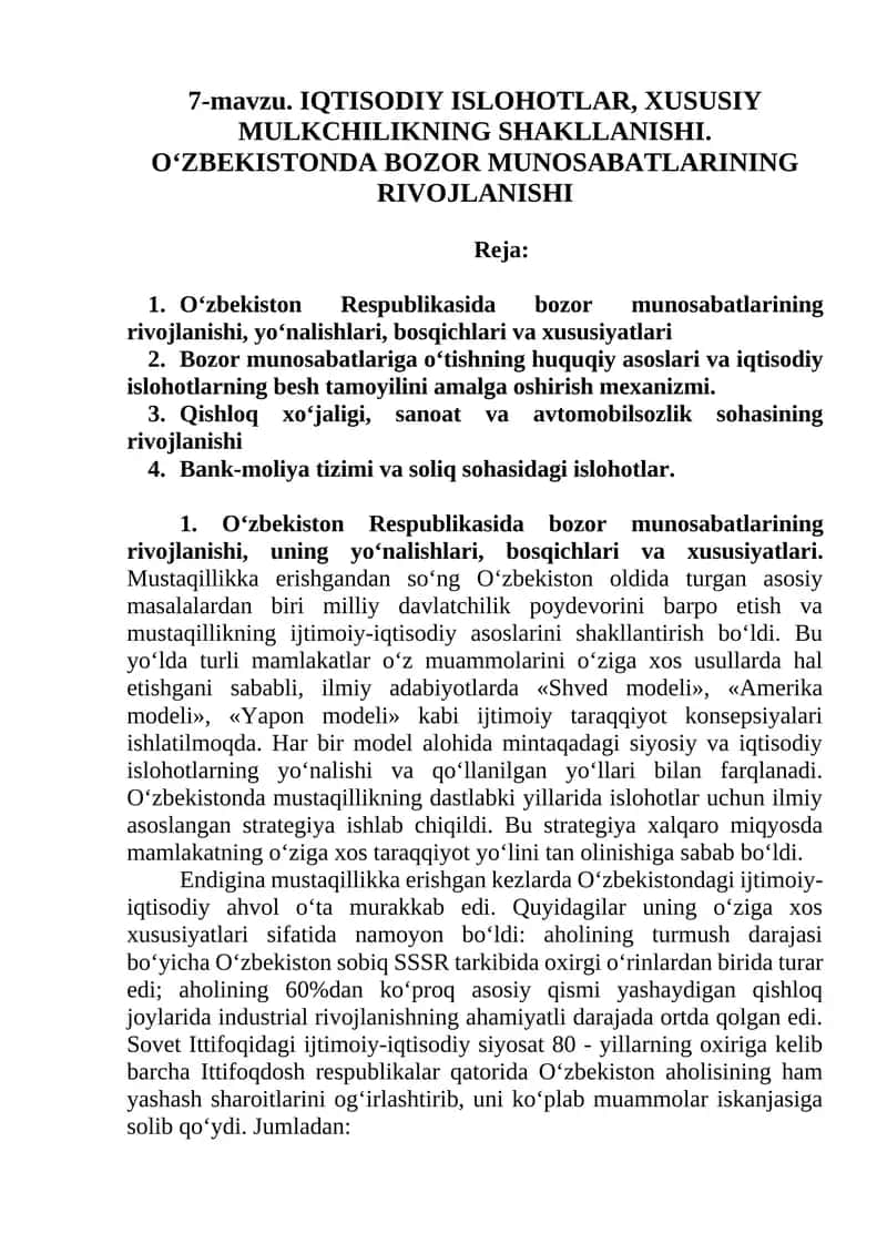 O‘zbekistonda Bozor Munosabatlarining Rivojlanishi 1
