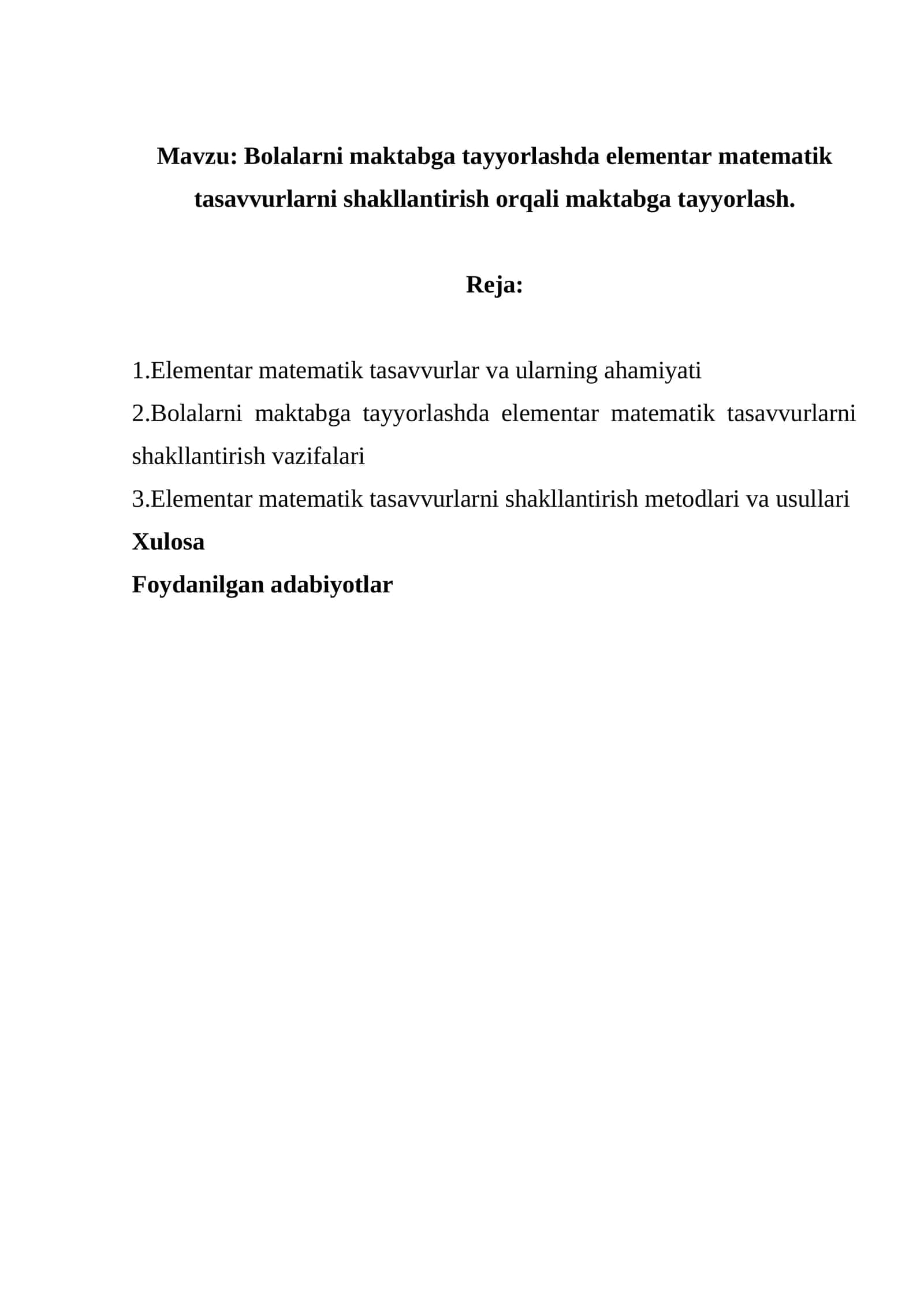 Bolalarni maktabga tayyorlashda elementar matematik tasavvurlarni shakllantirish orqali maktabga tayyorlash. 1