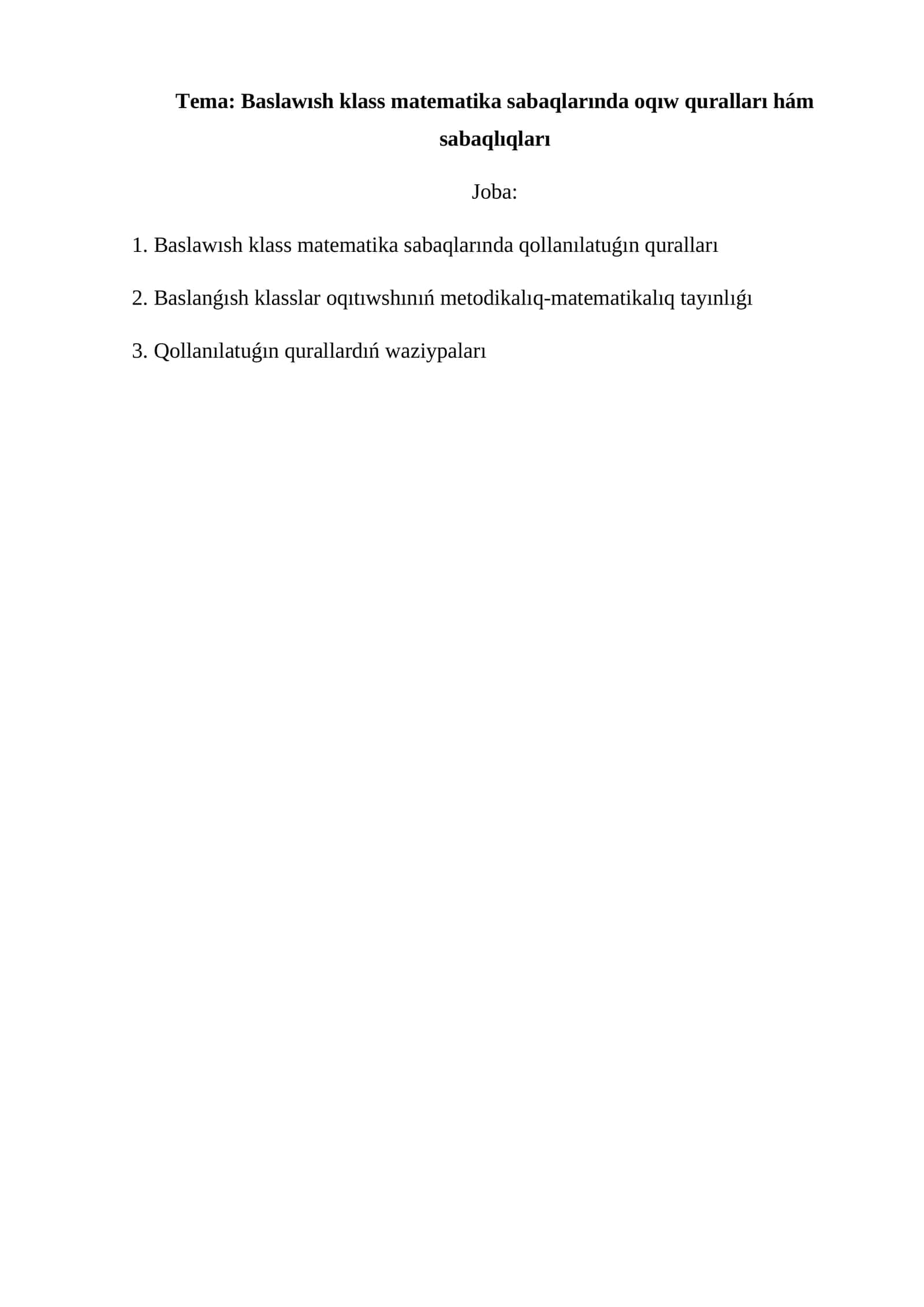 Baslawısh klass matematika sabaqlarında oqıw quralları hám sabaqlıqları 1