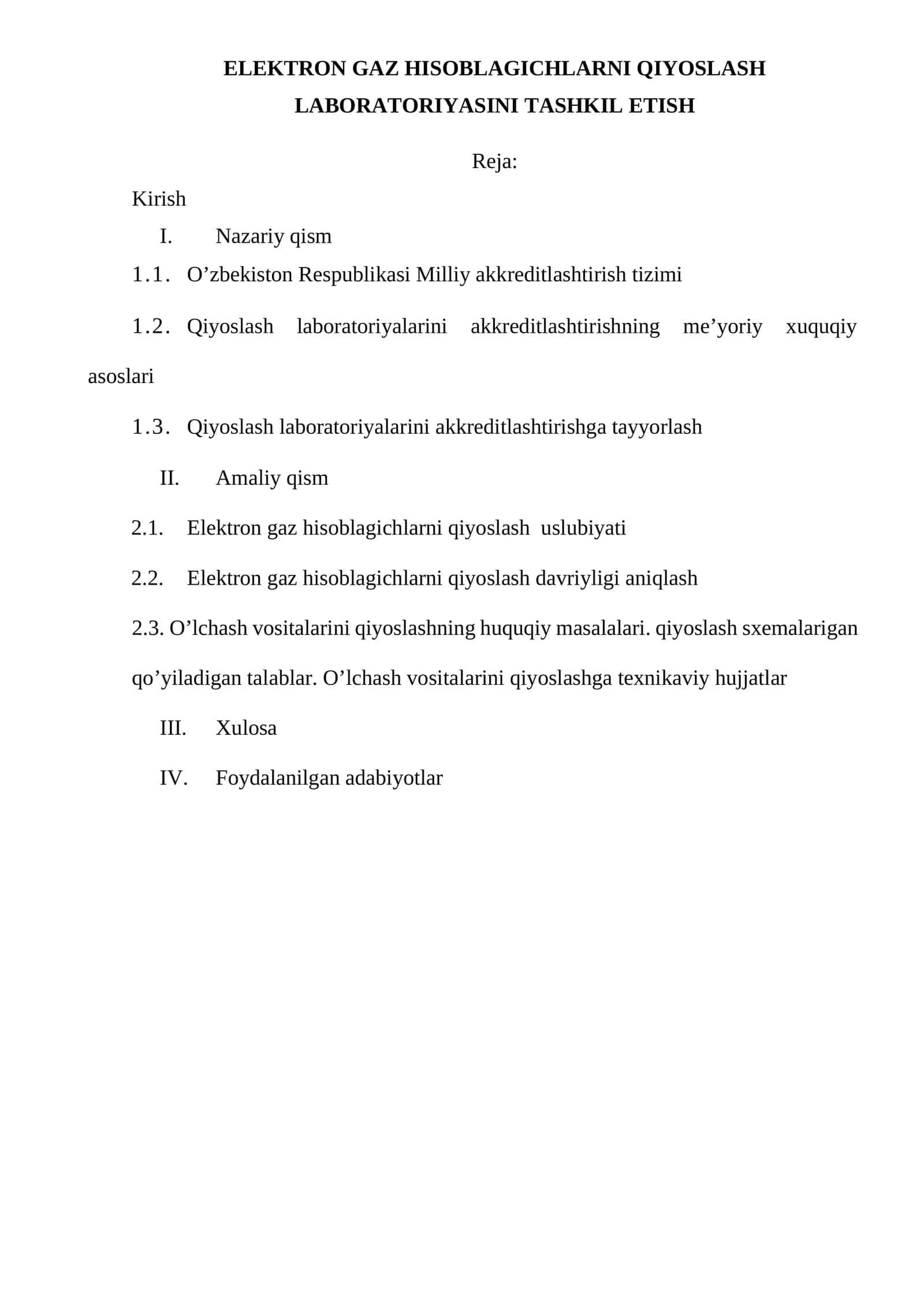 ELEKTRON GAZ HISOBLAGICHLARNI QIYOSLASH LABORATORIYASINI TASHKIL ETISH 1