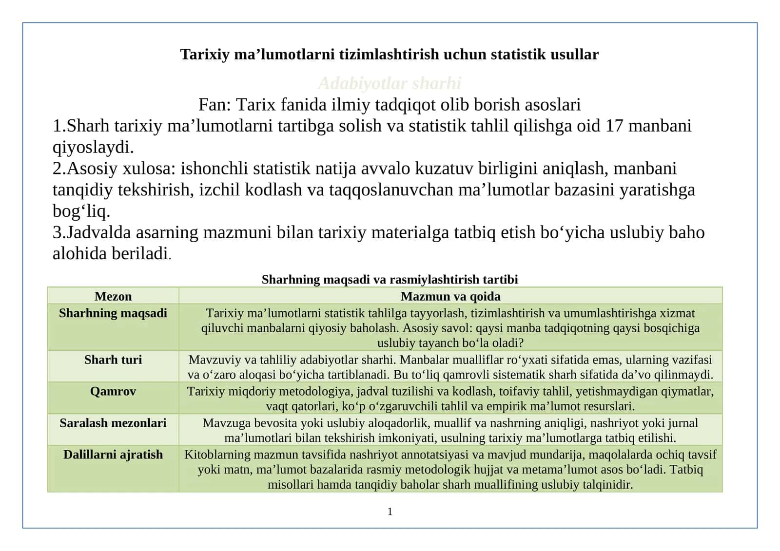Tarixiy ma’lumotlarni tizimlashtirish uchun statistik usullar mavzusiga oid adabiyotlar sharhini.docx 1
