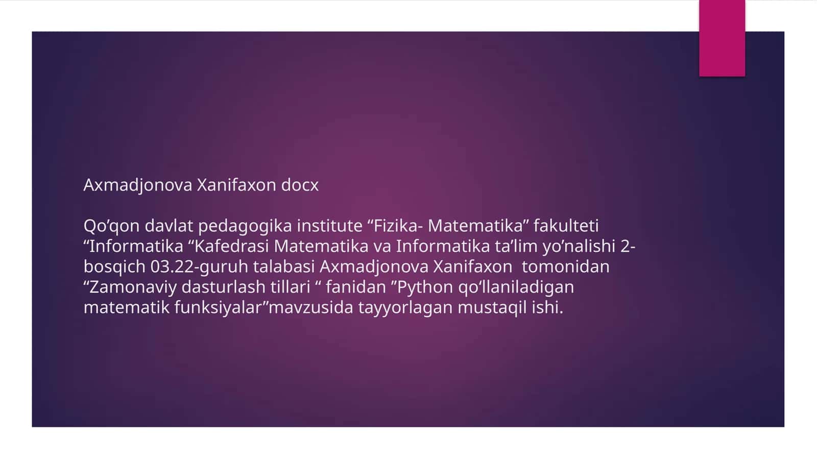 Python qo’llaniladigan matematik funksiyalar 1