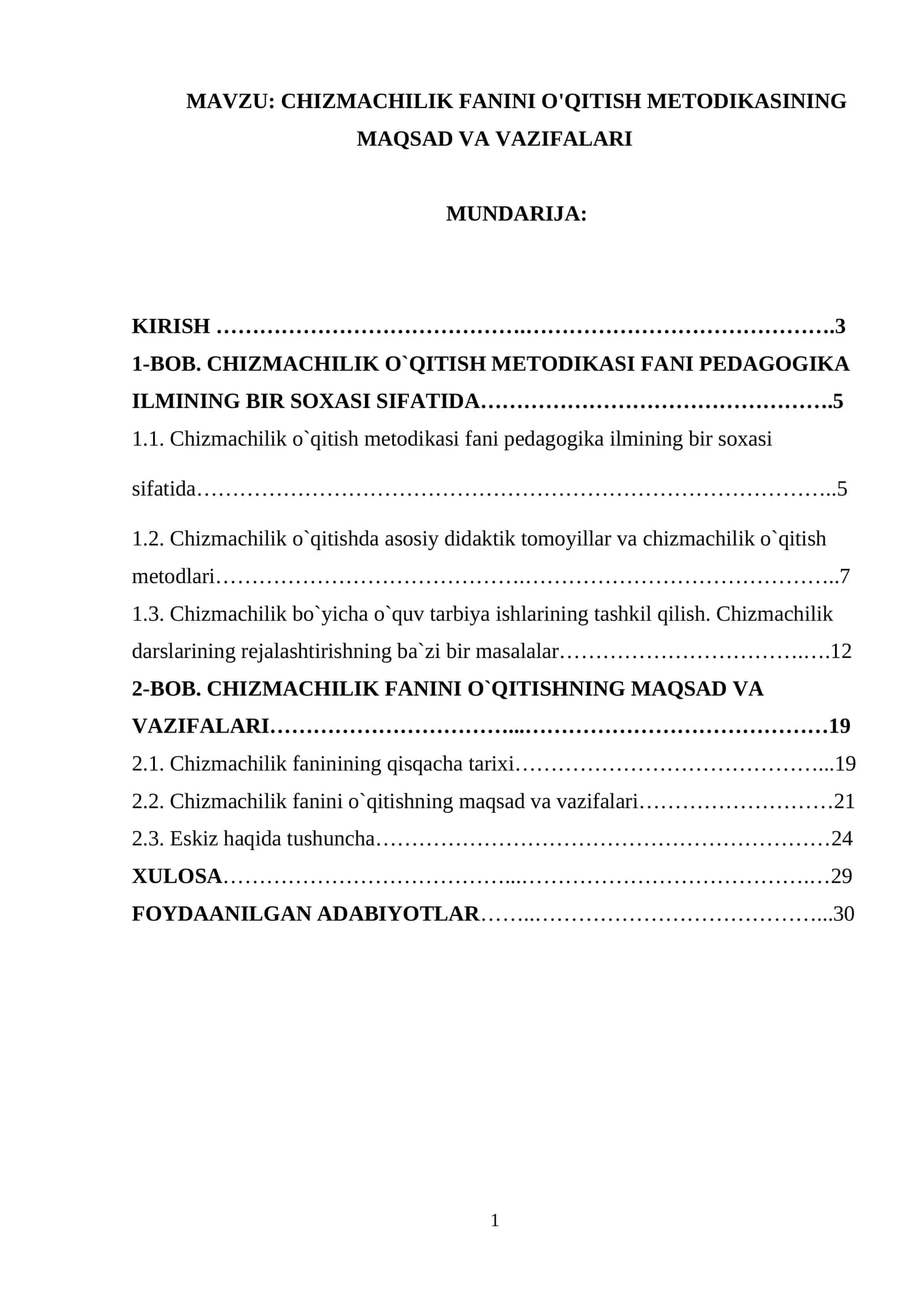 CHIZMACHILIK FANINI O'QITISH METODIKASINING MAQSAD VA VAZIFALARI 1