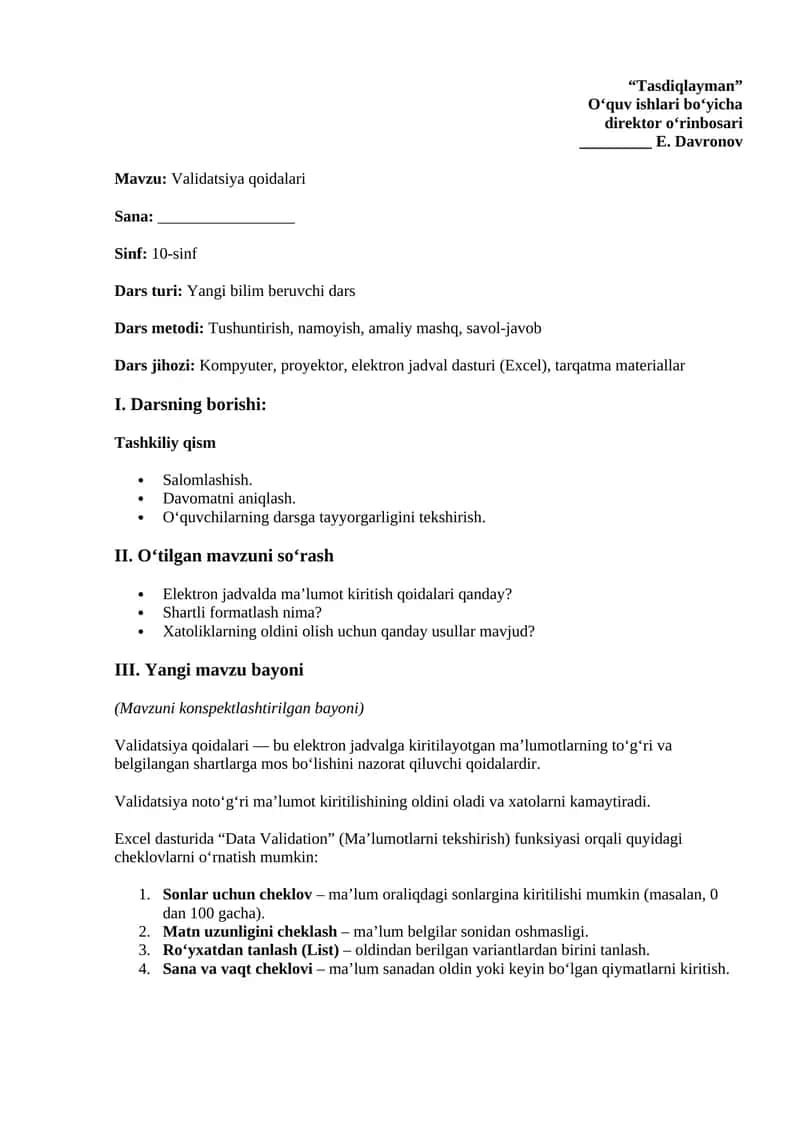 Validatsiya qoidalari 1