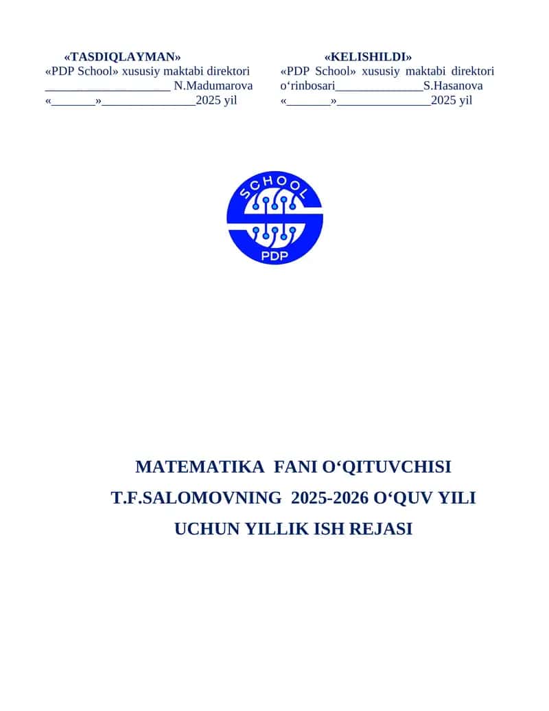 Matematika fanidan yillik ish reja ixtisoslashtirilgan maktablar uchun 1