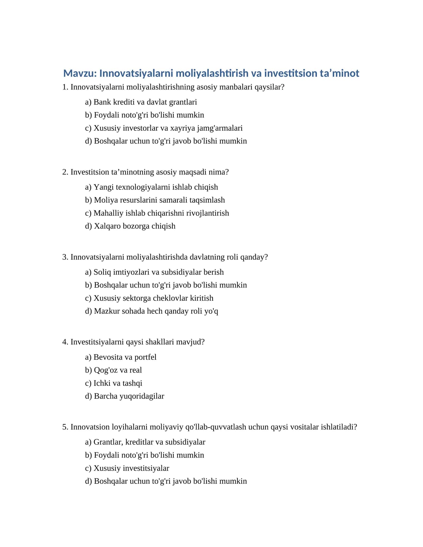 Innovatsiyalarni moliyalashtirish va investitsion taʼminot 1