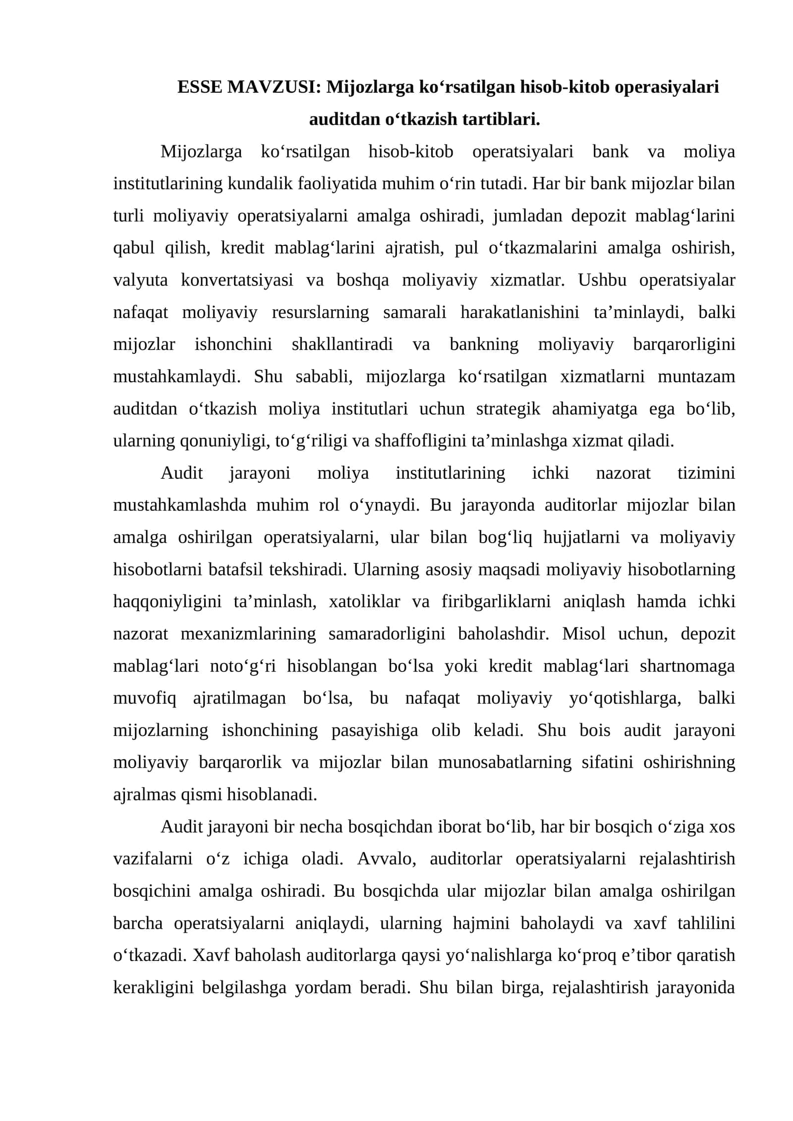 Mijozlarga ko‘rsatilgan hisob-kitob operasiyalari auditdan o‘tkazish tartiblari. esse 1