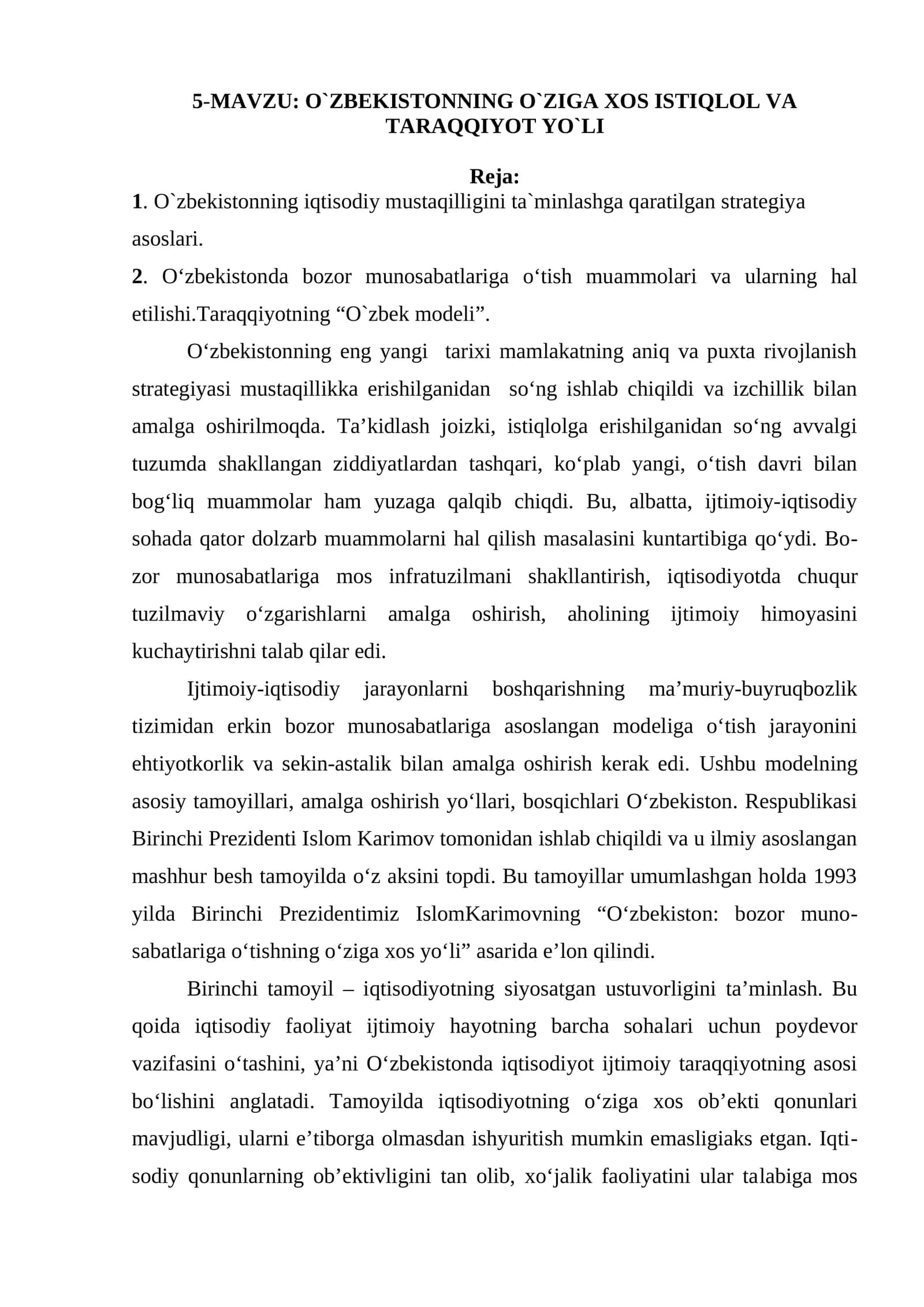 O`ZBEKISTONNING O`ZIGA XOS ISTIQLOL VA TARAQQIYOT YO`LI 1