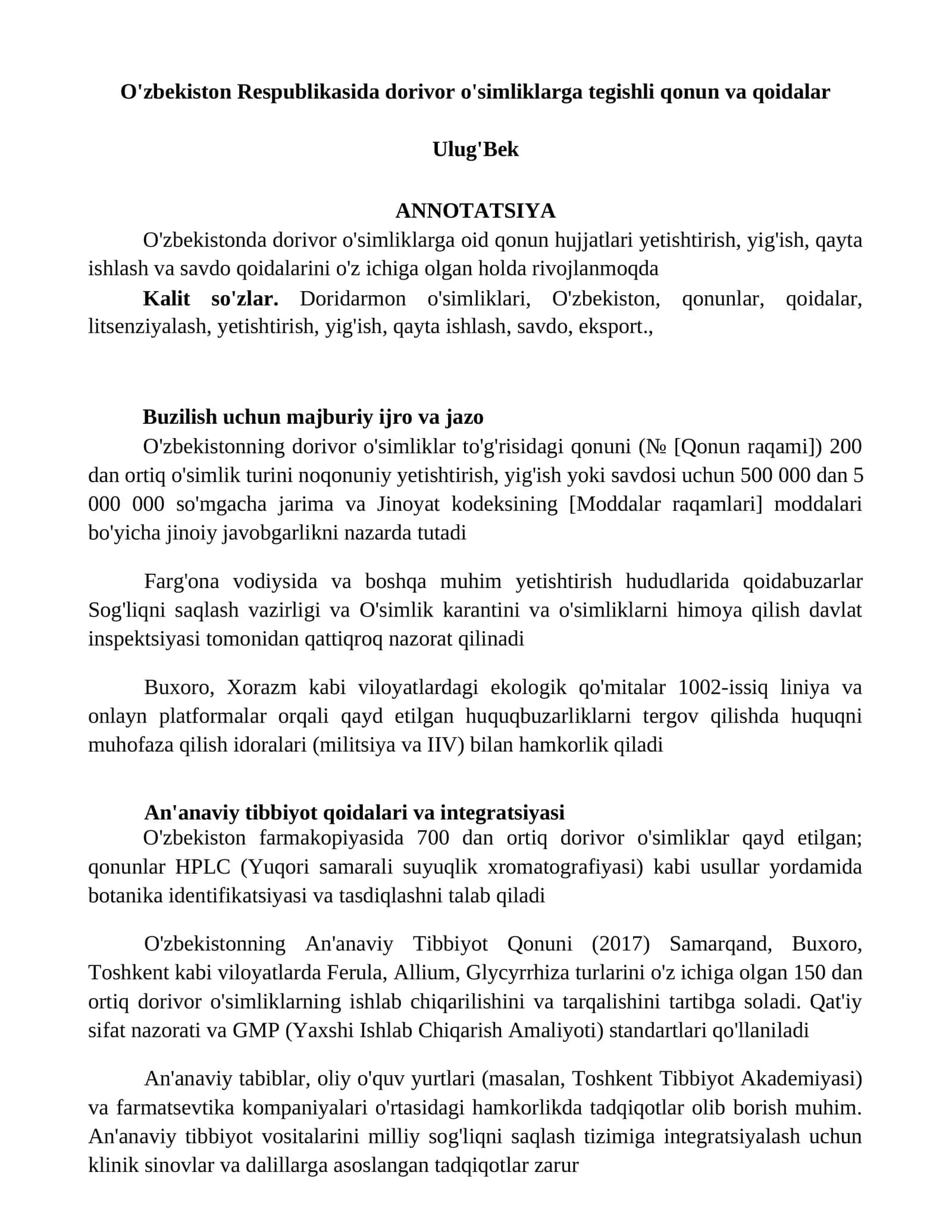 O'zbekiston Respublikasida dorivor o'simliklarga tegishli qonun va qoidalar 1