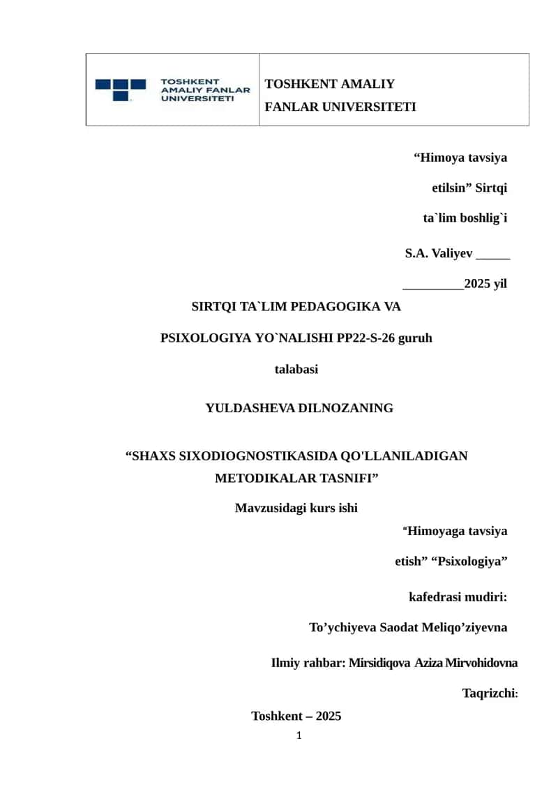 "SHAXS SIXODIOGNOSTIKASIDA QO'LLANILADIGAN METODIKALAR TASNIFI" 1