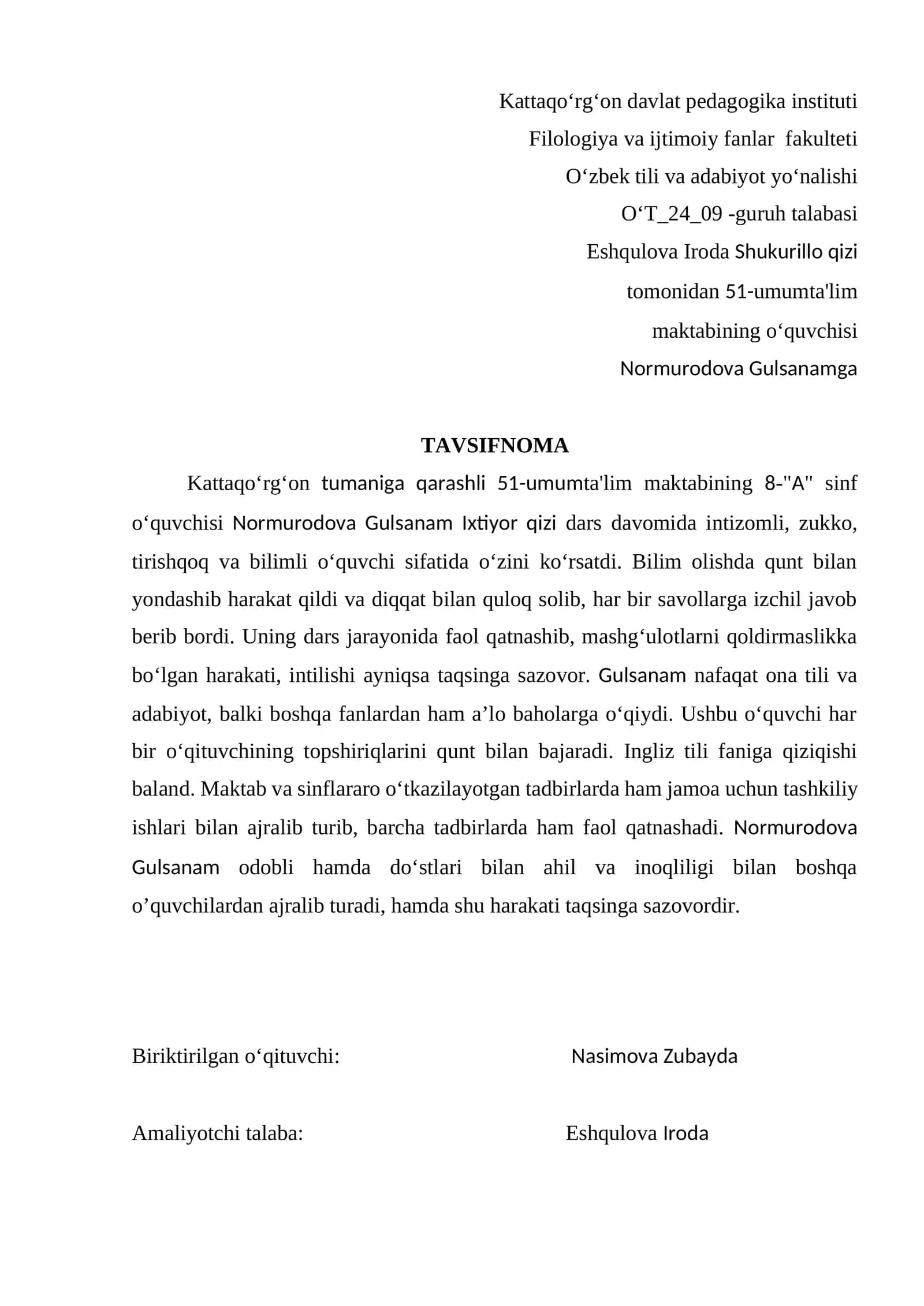 Normurodova Gulsanam TAVSIFNOMA 1