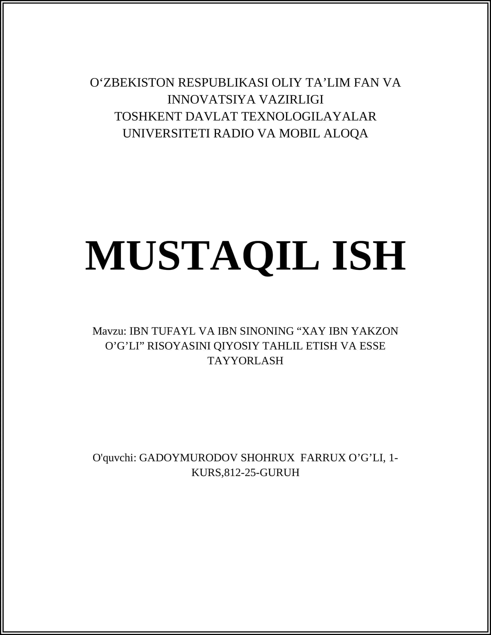 IBN TUFAYL VA IBN SINONING “XAY IBN YAKZON O’G’LI” RISOYASINI QIYOSIY TAHLIL ETISH VA ESSE TAYYORLASH 1