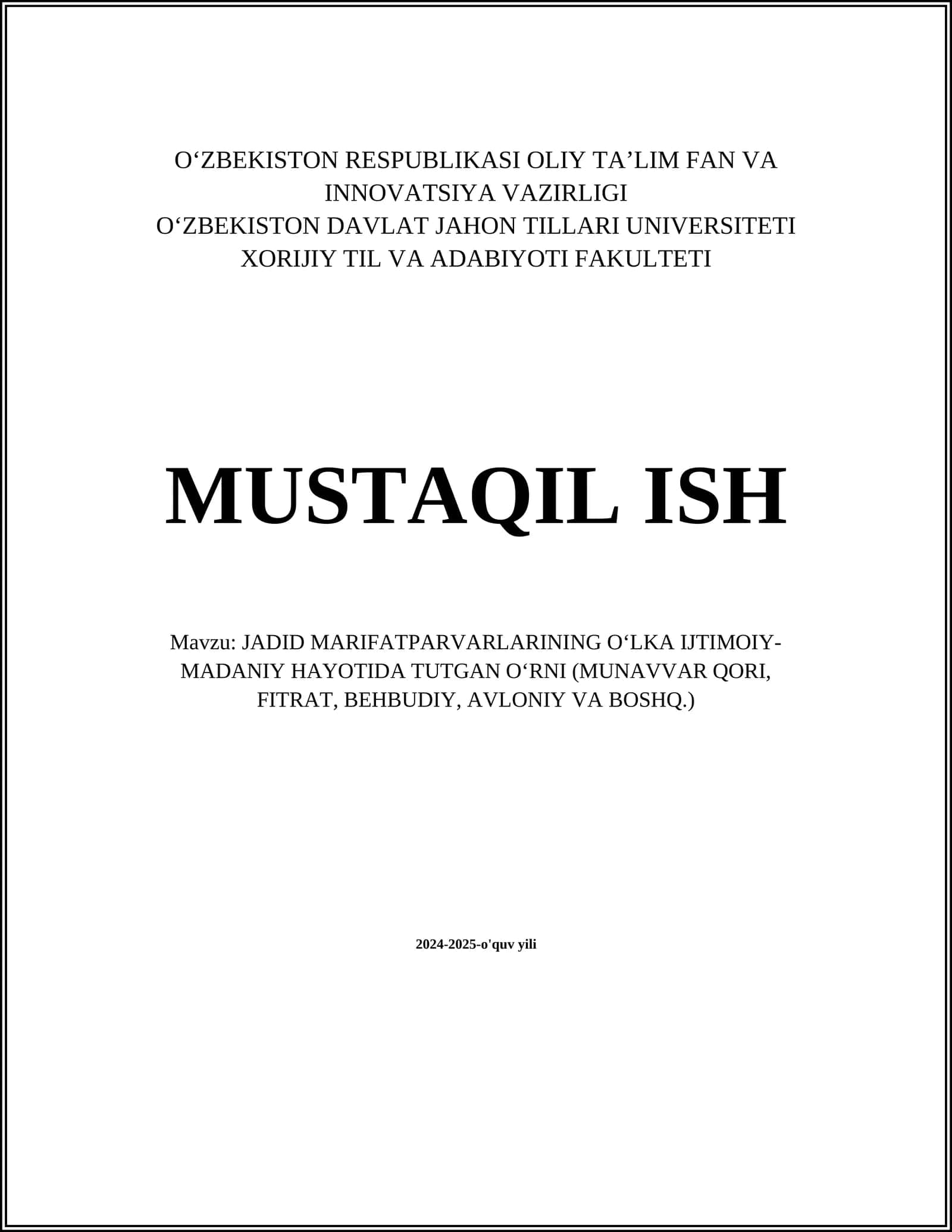 JADID MARIFATPARVARLARINING OʻLKA IJTIMOIY-MADANIY HAYOTIDA TUTGAN OʻRNI (MUNAVVAR QORI, FITRAT, BEHBUDIY, AVLONIY VA BOSHQ.) 1