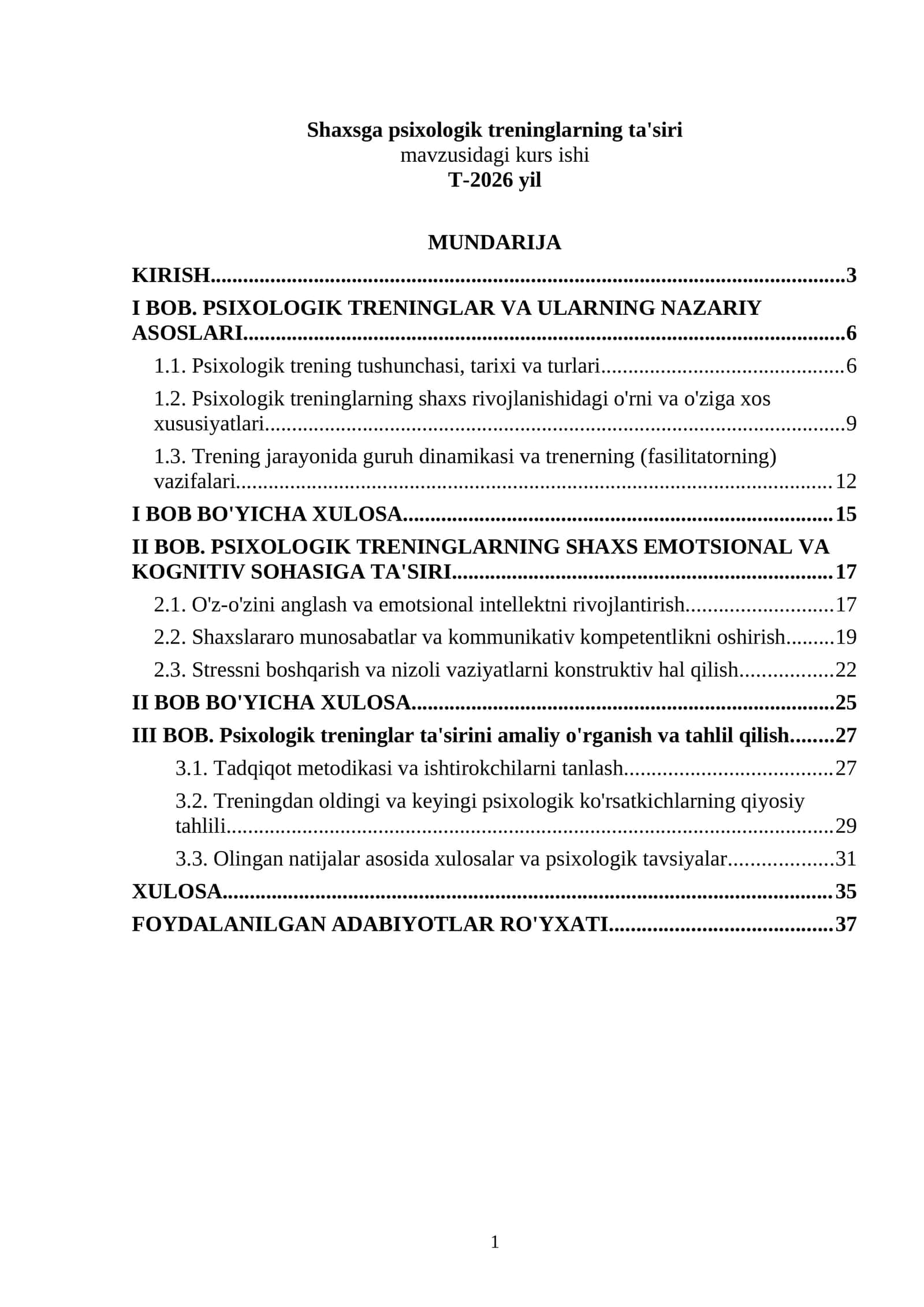 Shaxsga psixologik treninglarning ta'siri mavzusidagi kurs ishi 1