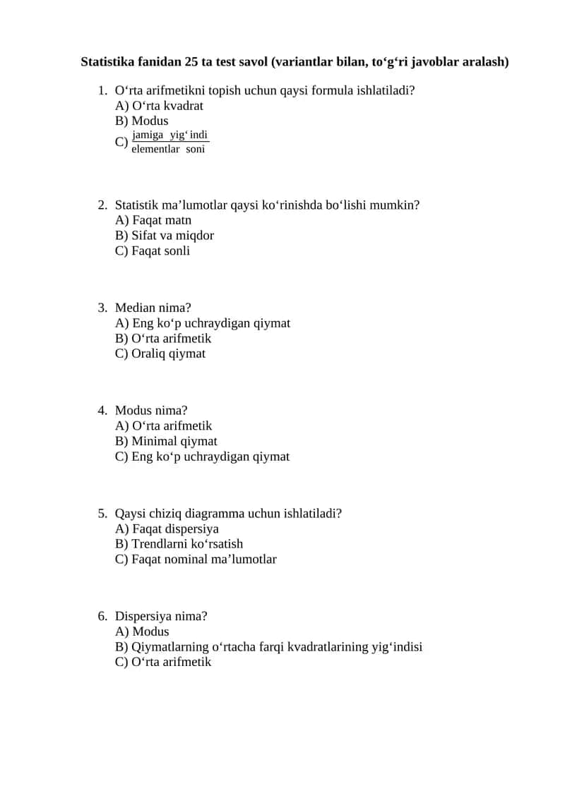 Statistika fanidan test savollari 1