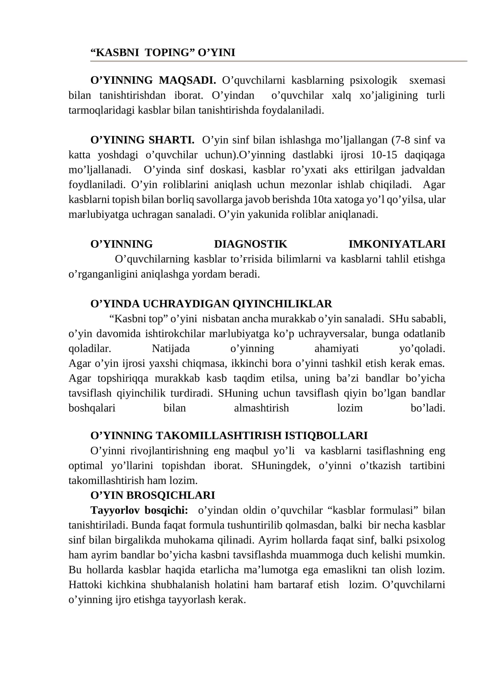 KASBNI TOPING O’YINI 1