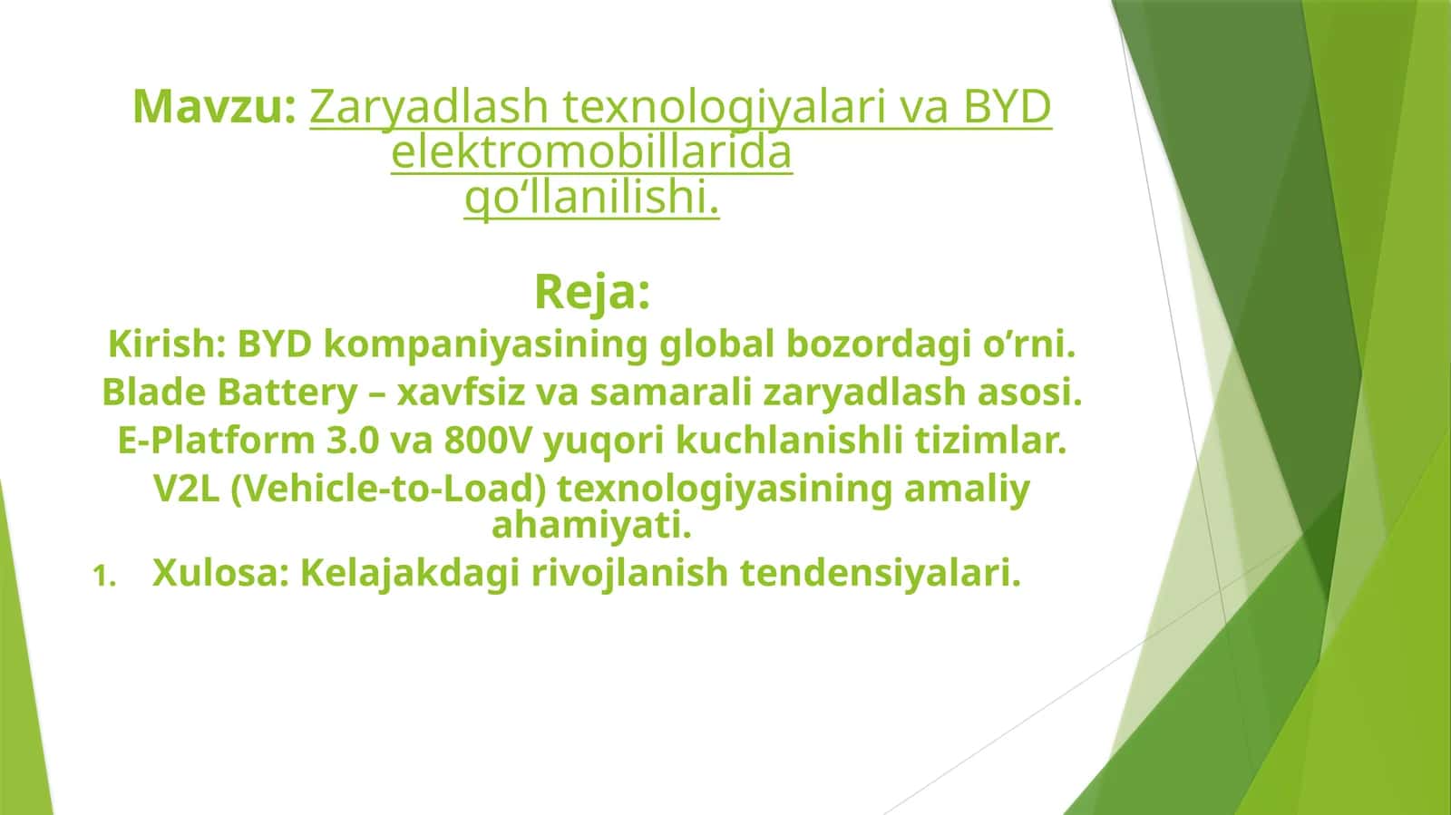 Zaryadlash texnologiyalari va BYD elektromobillarida qo‘llanilishi. 1